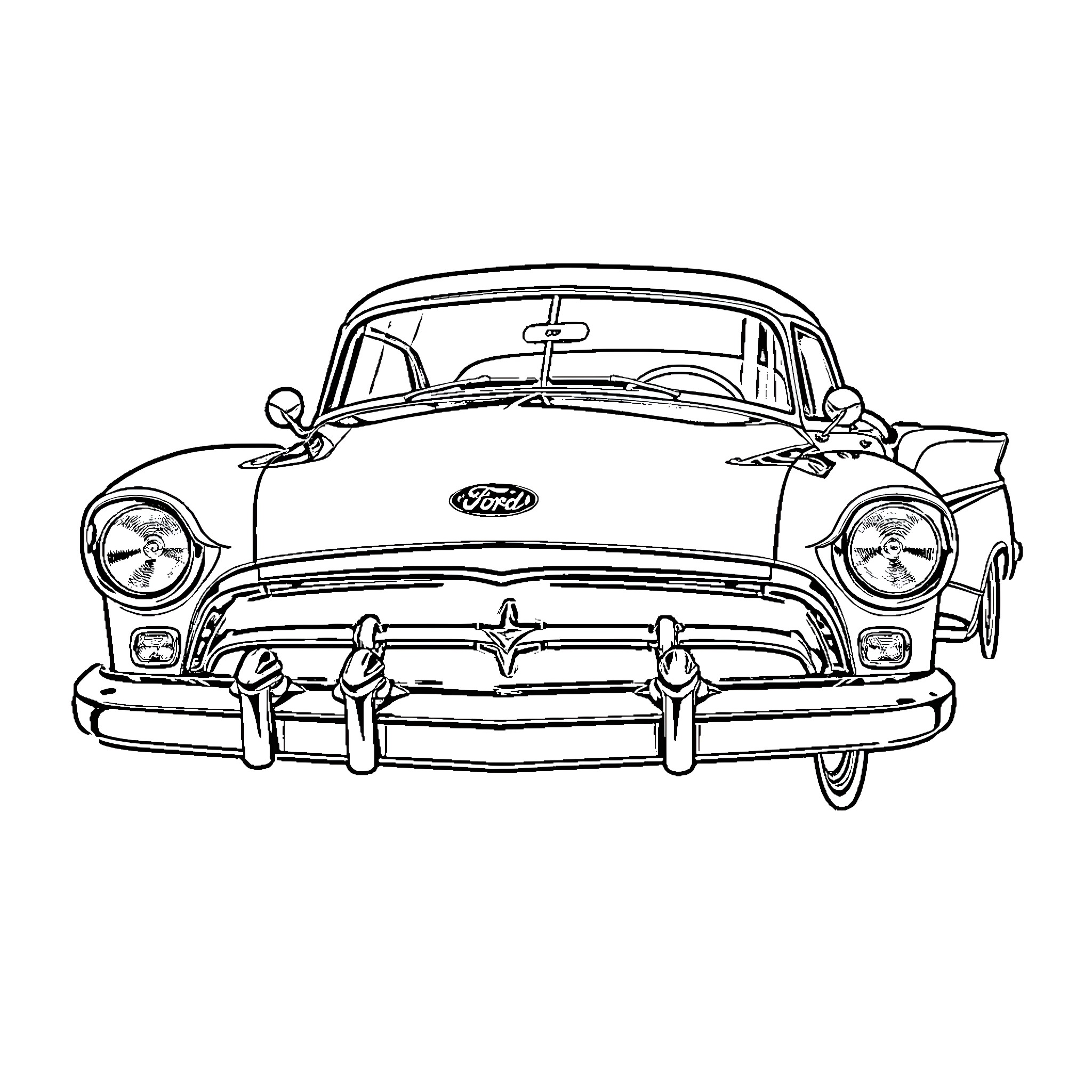 Ford Classic Car Illustration Coloring Page (free black-and-white line drawing printable PDF for all, from beginners to advanced learners, including children, teens, adults, and seniors)