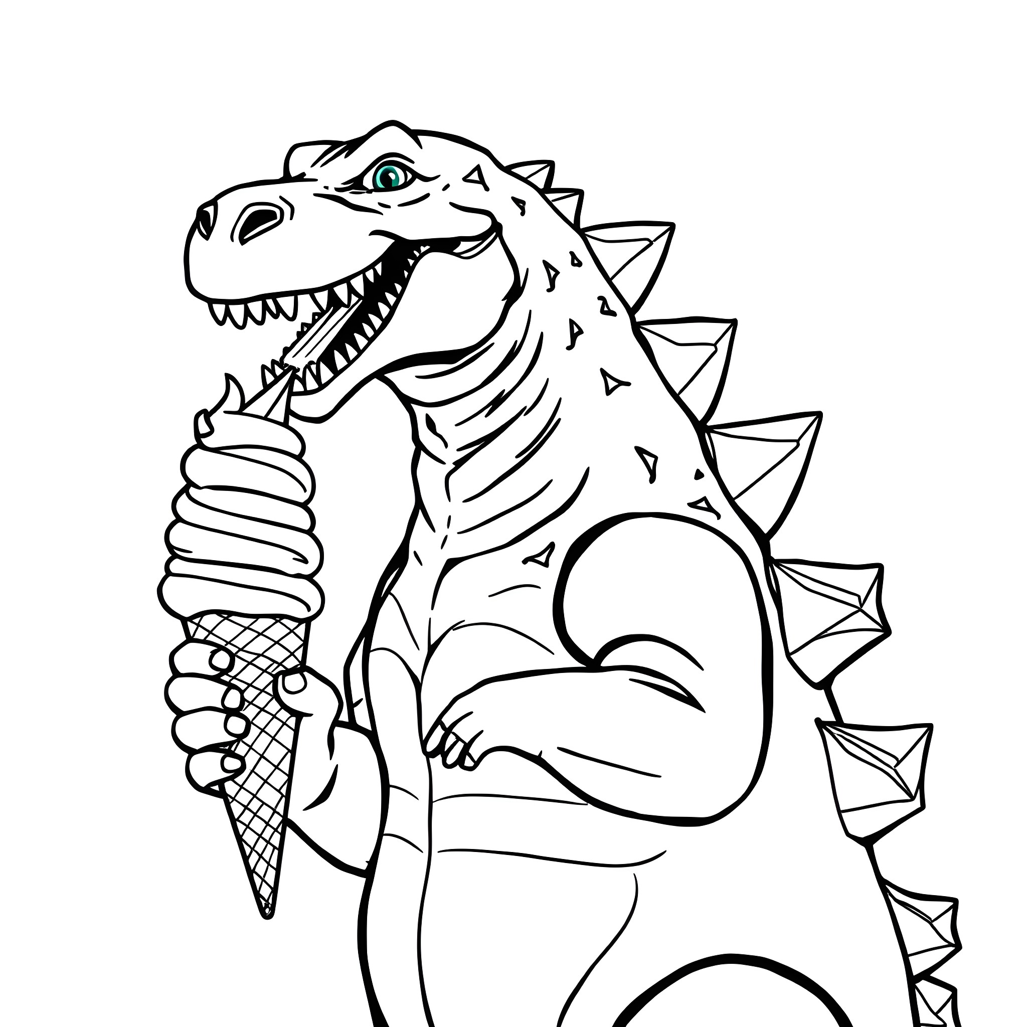 Godzilla enjoying an ice cream cone Coloring Page (free black-and-white line drawing printable PDF for all, from beginners to advanced learners, including children, teens, adults, and seniors)