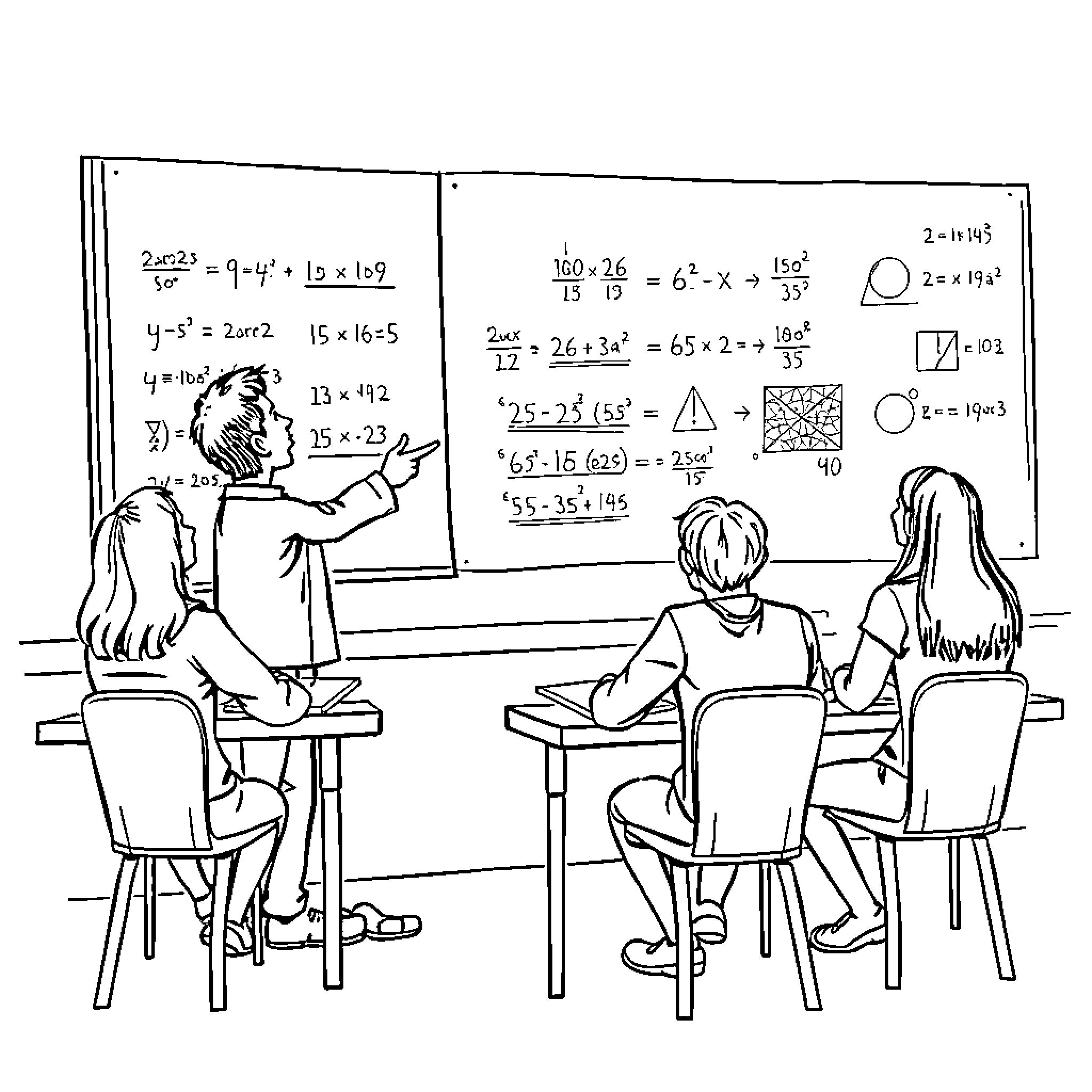 Professor teaching students mathematical equations on blackboard Coloring Page (free black-and-white line drawing printable PDF for all, from beginners to advanced learners, including children, teens, adults, and seniors)