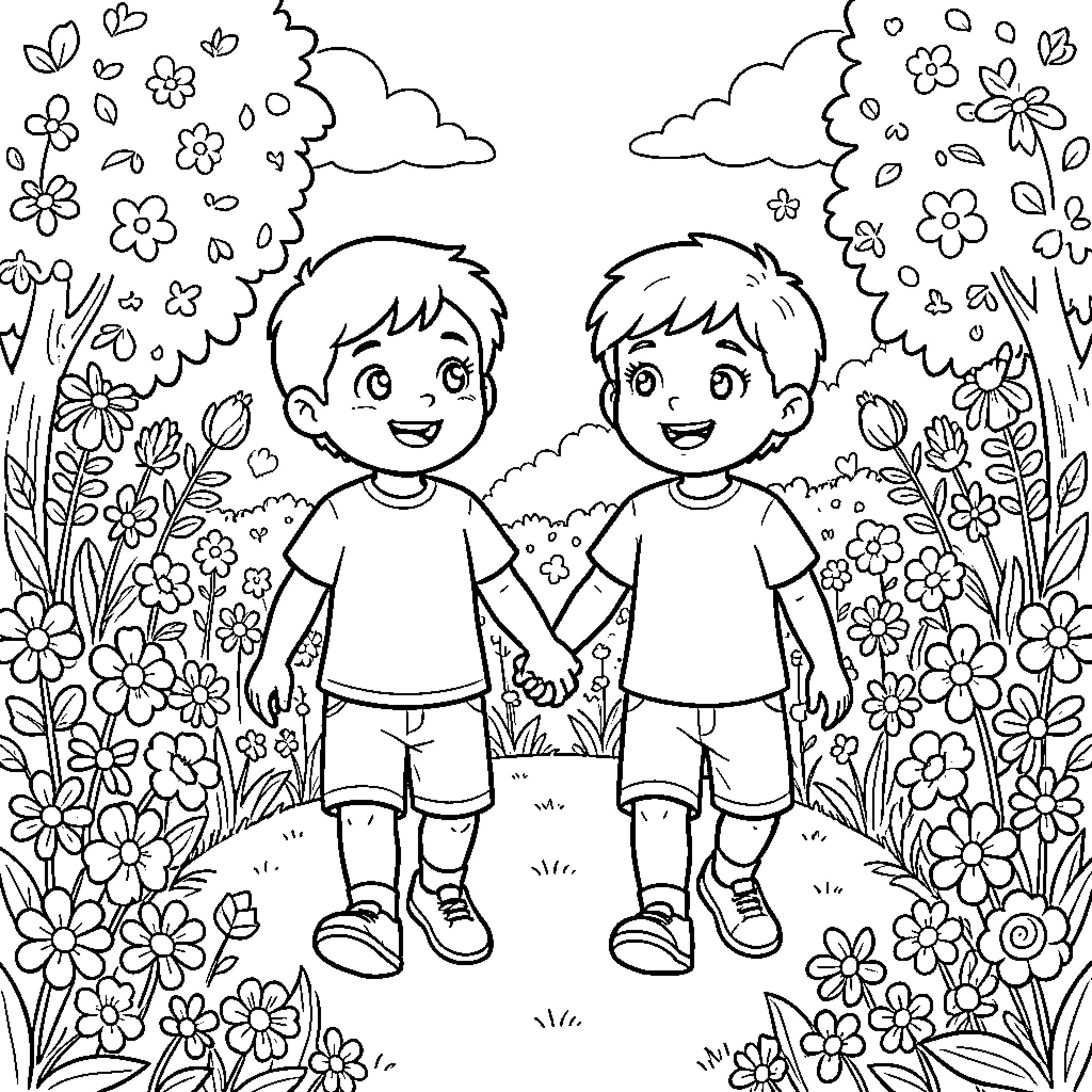 Child friends playing joyfully in floral garden Coloring Page (free black-and-white line drawing printable PDF for all, from beginners to advanced learners, including children, teens, adults, and seniors)