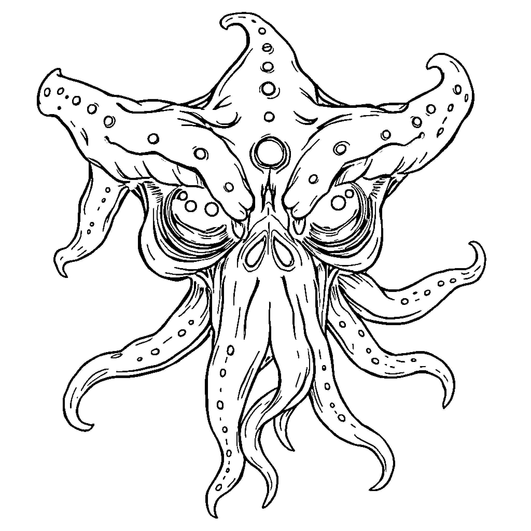 Elder Thing with Tentacles and Strange Markings Coloring Page (free black-and-white line drawing printable PDF for all, from beginners to advanced learners, including children, teens, adults, and seniors)