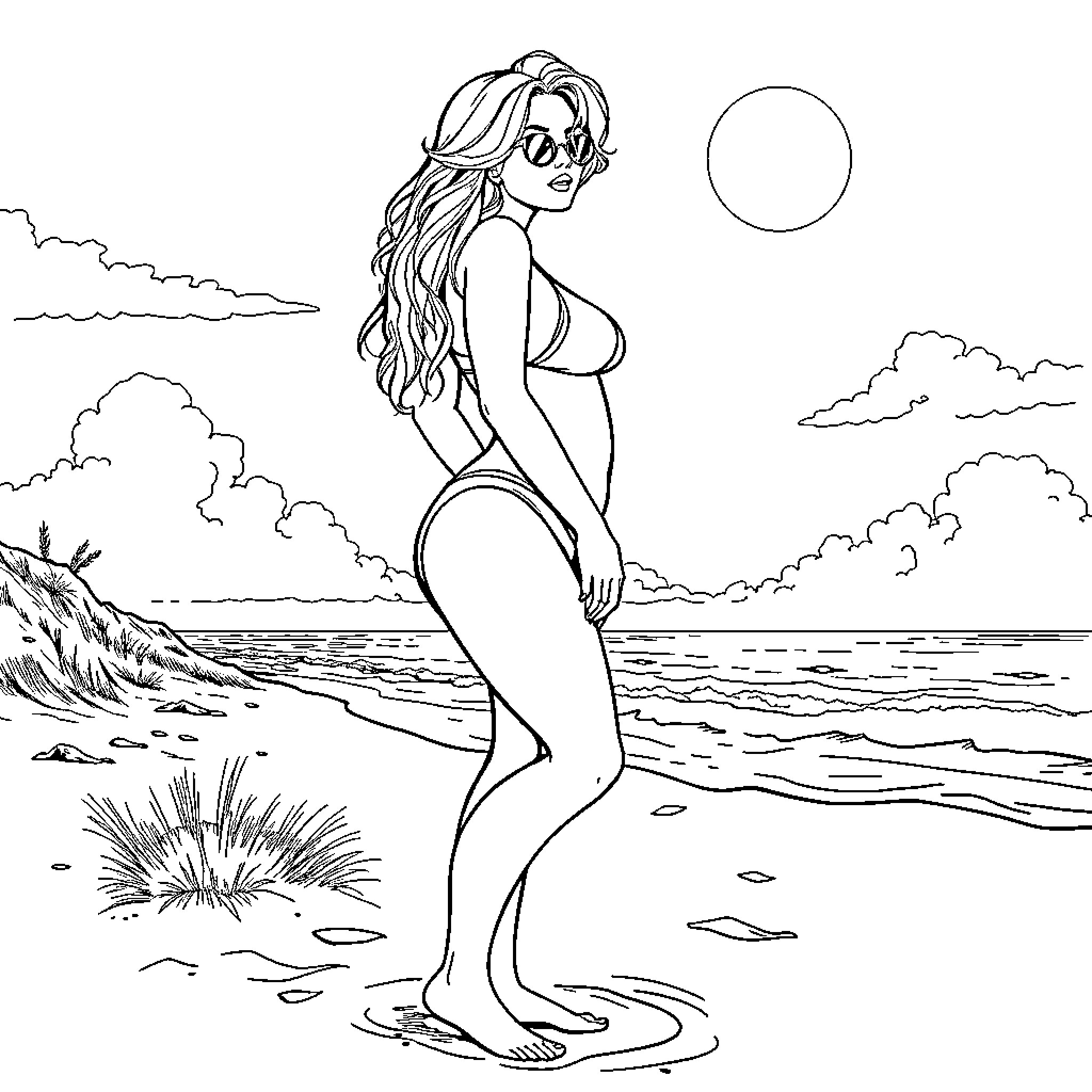 Blonde beauty enjoying the beach Coloring Page (free black-and-white line drawing printable PDF for all, from beginners to advanced learners, including children, teens, adults, and seniors)
