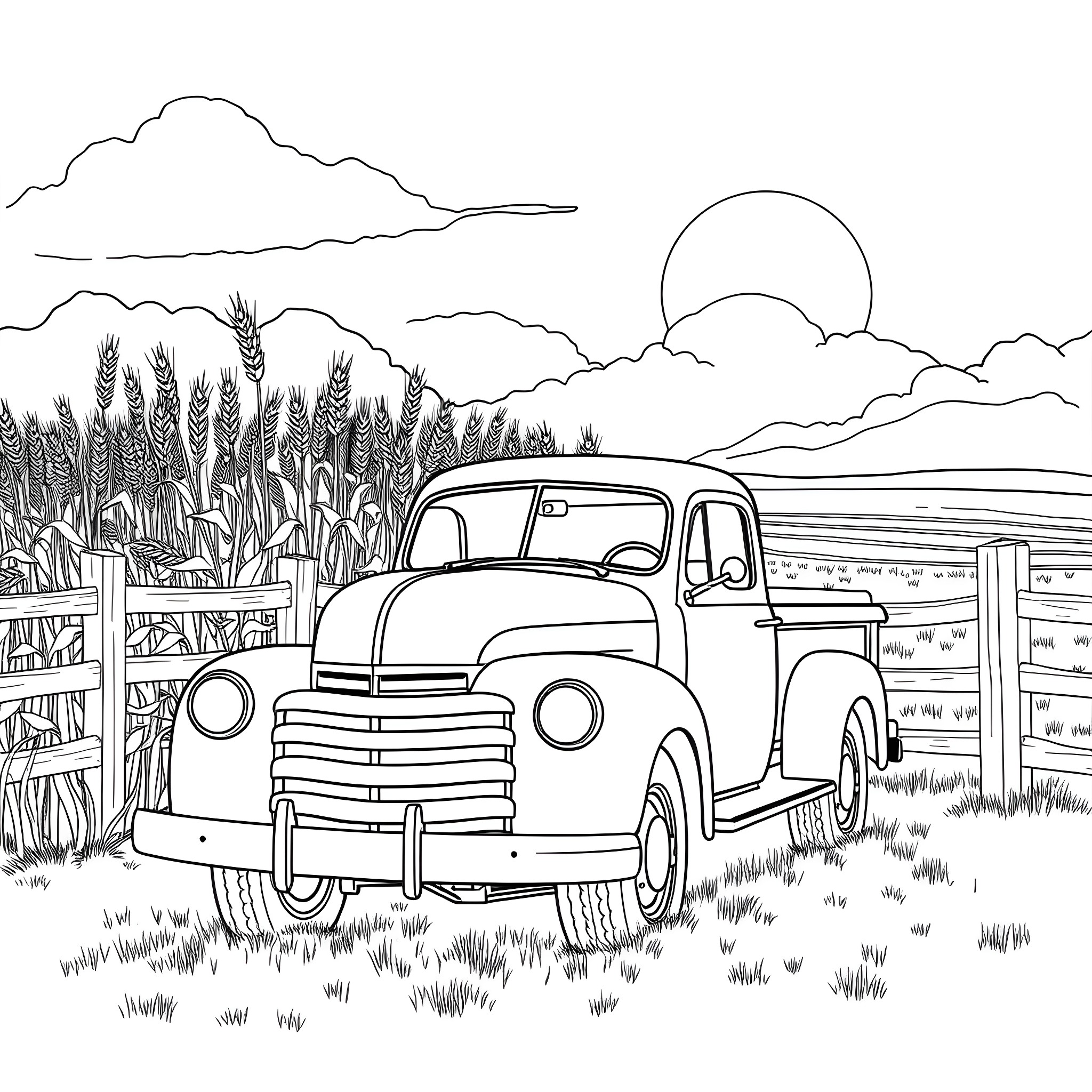 Grain Pickup in a Rustic Countryside Landscape Coloring Page (free black-and-white line drawing printable PDF for all, from beginners to advanced learners, including children, teens, adults, and seniors)
