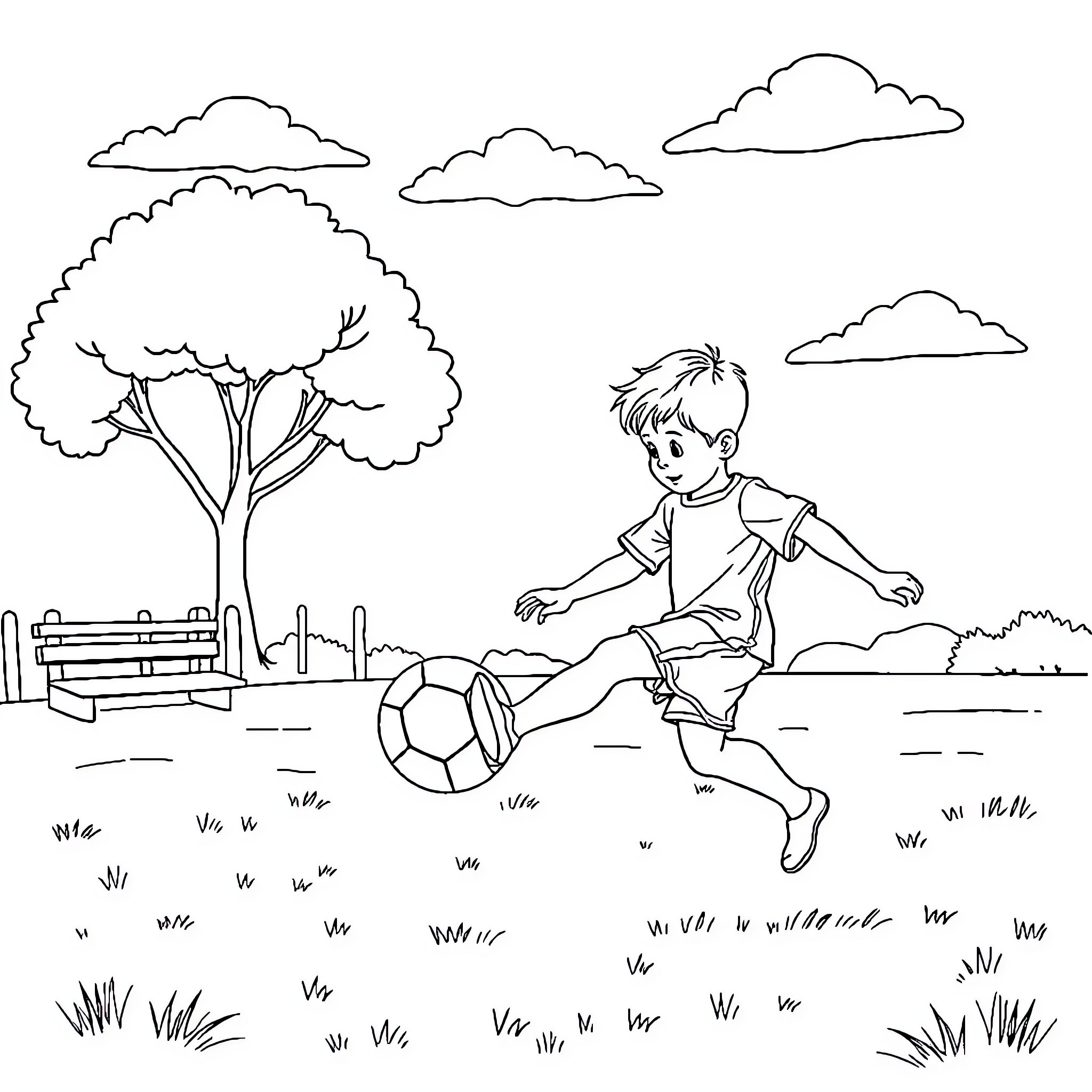 Boy playing with soccer ball in park Coloring Page (free black-and-white line drawing printable PDF for all, from beginners to advanced learners, including children, teens, adults, and seniors)