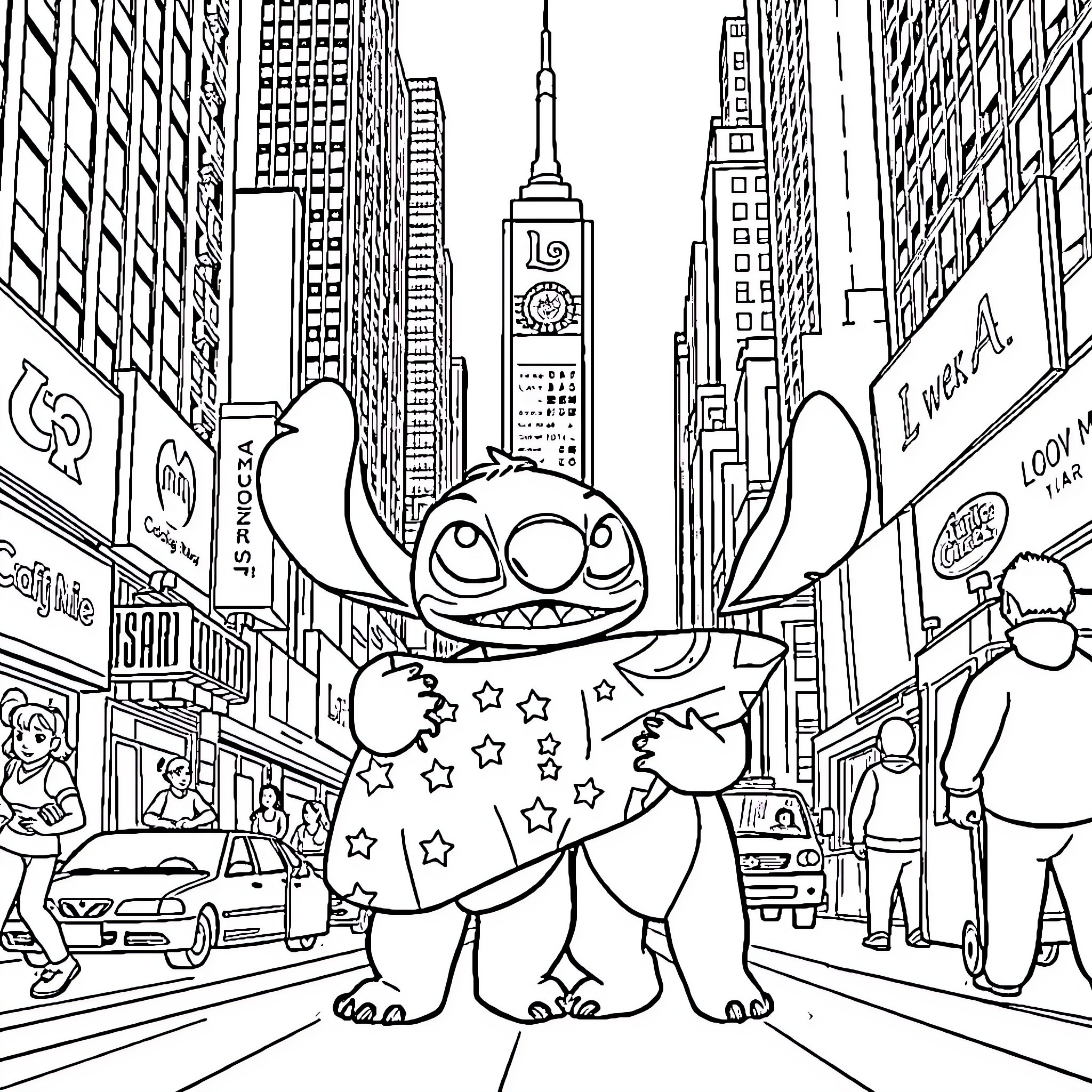 Lilo's Stitch-y Adventure in the City Coloring Page (free black-and-white line drawing printable PDF for all, from beginners to advanced learners, including children, teens, adults, and seniors)