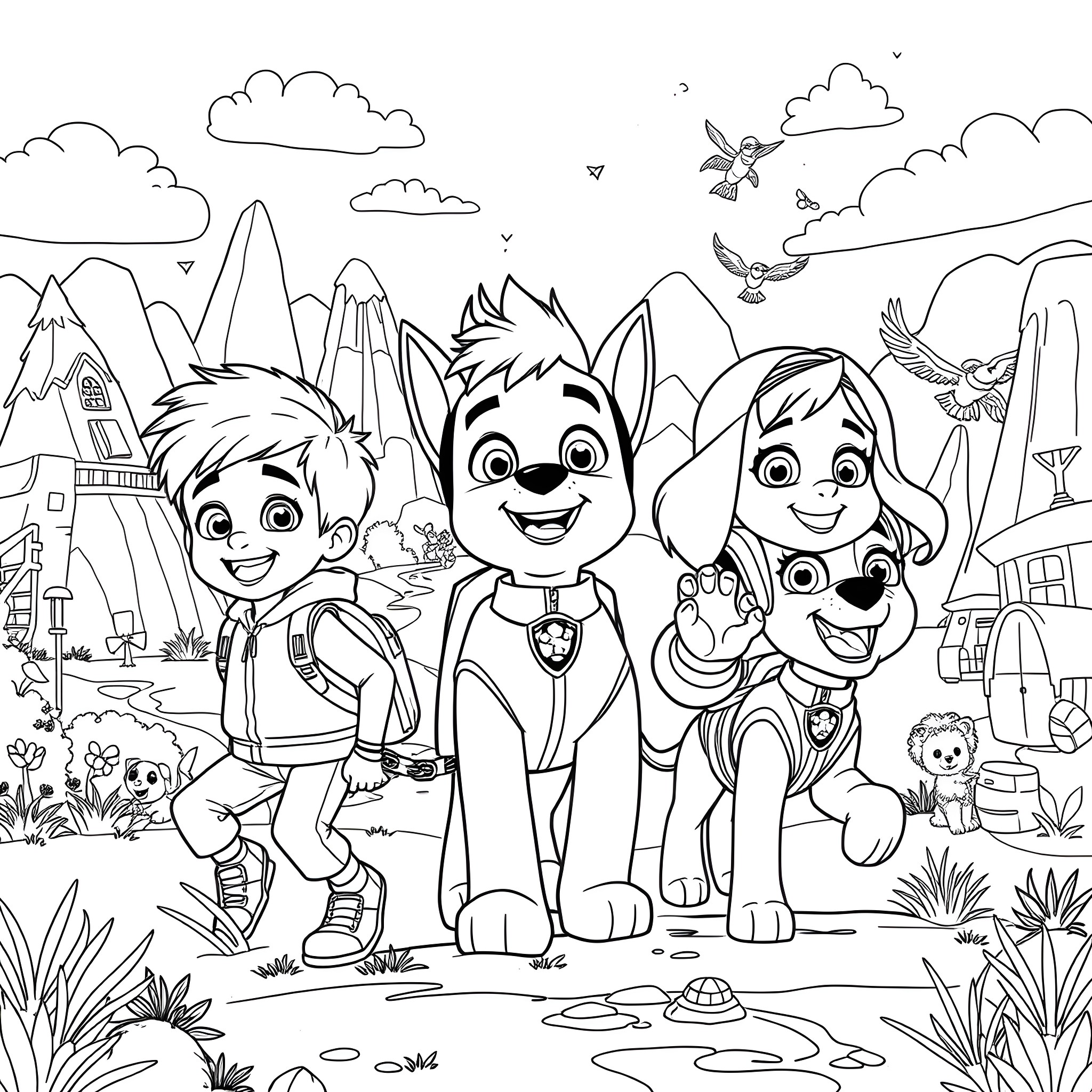 Kid Pups Explore Outdoor Adventure Wonderland Coloring Page (free black-and-white line drawing printable PDF for all, from beginners to advanced learners, including children, teens, adults, and seniors)
