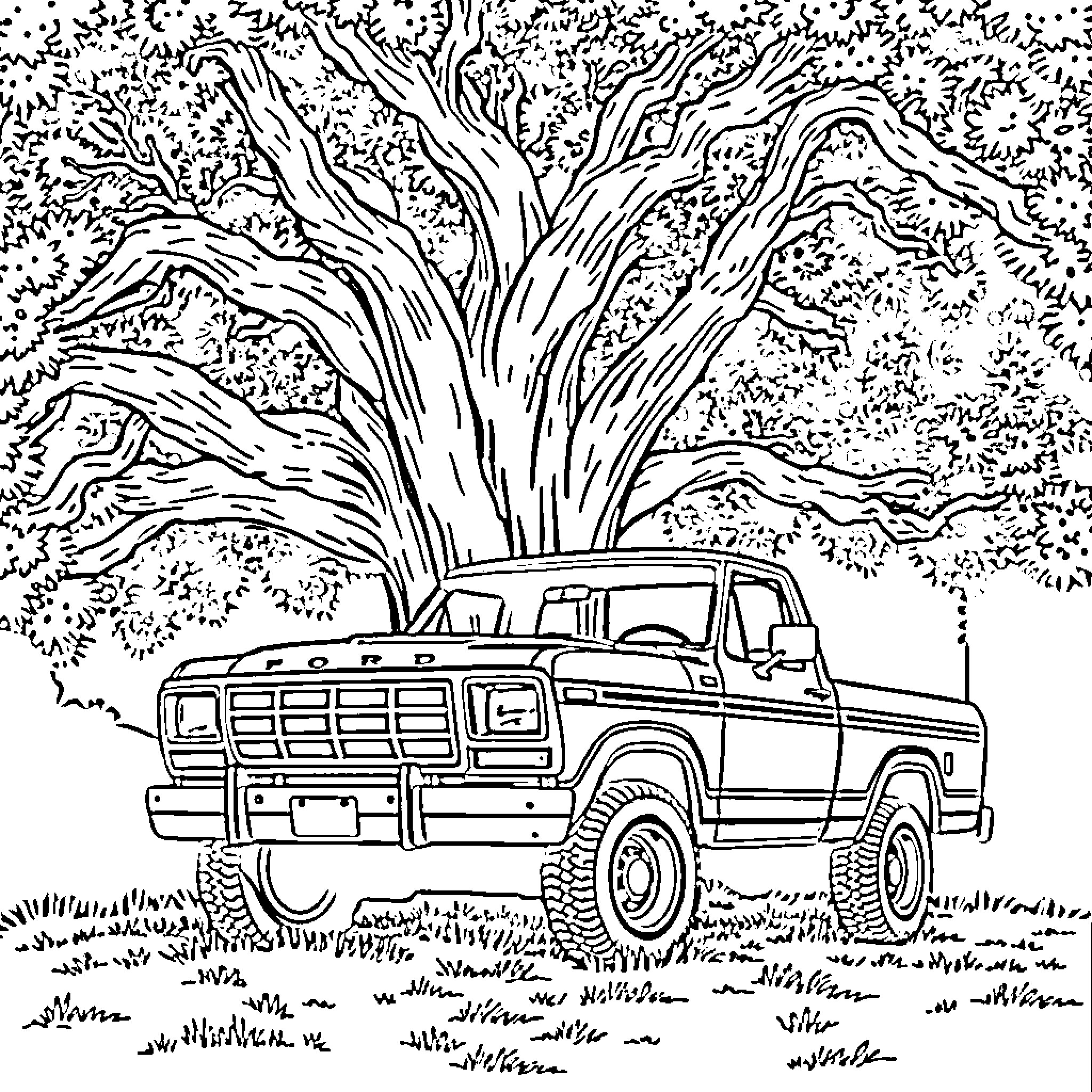 Ford Pickup truck in a scenic outdoor setting Coloring Page (free black-and-white line drawing printable PDF for all, from beginners to advanced learners, including children, teens, adults, and seniors)