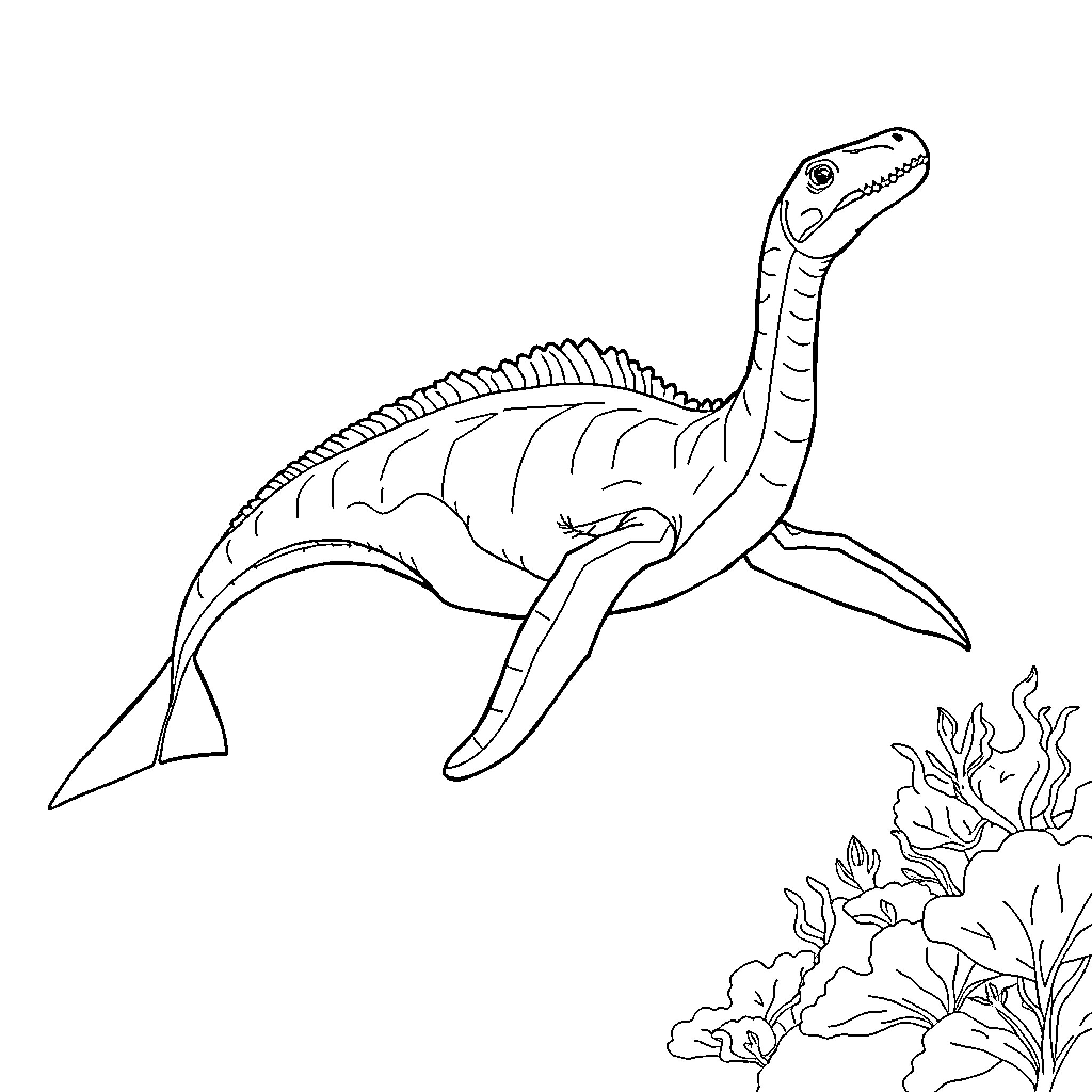 Elasmosaurus swimming with marine plants Coloring Page (free black-and-white line drawing printable PDF for all, from beginners to advanced learners, including children, teens, adults, and seniors)