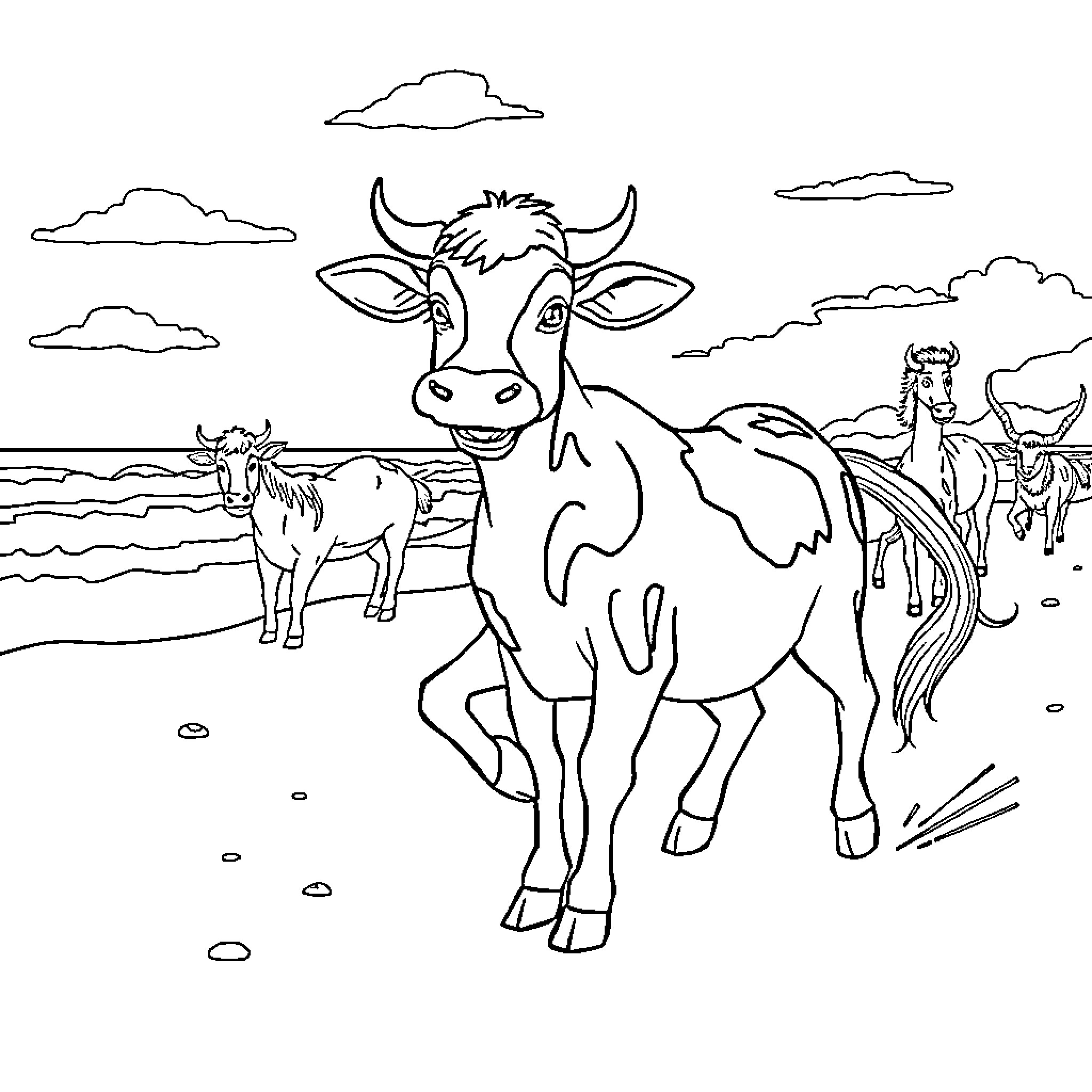 Vaca roaming happily with herd in the countryside Coloring Page (free black-and-white line drawing printable PDF for all, from beginners to advanced learners, including children, teens, adults, and seniors)