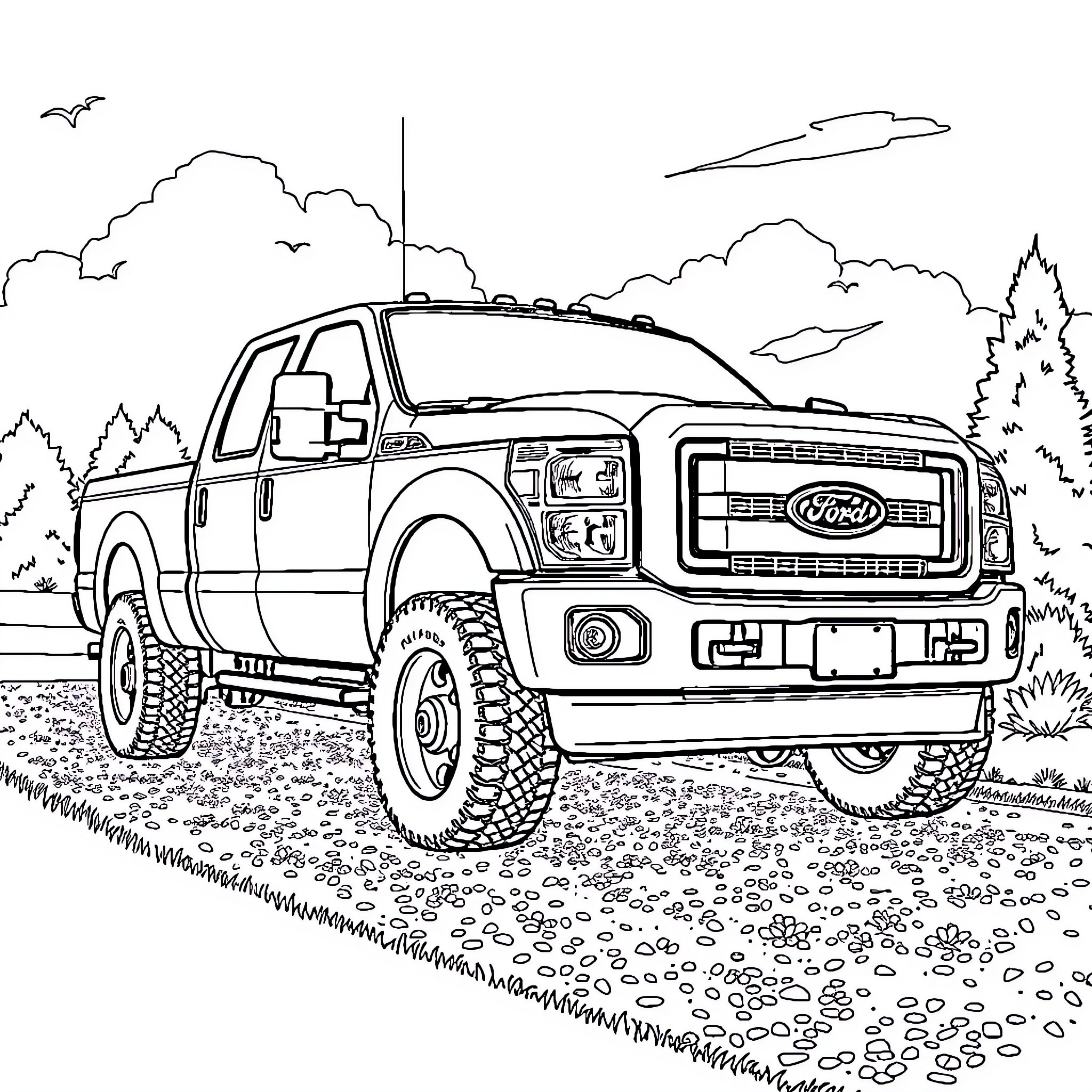 F250 off-road truck driving through nature Coloring Page (free black-and-white line drawing printable PDF for all, from beginners to advanced learners, including children, teens, adults, and seniors)