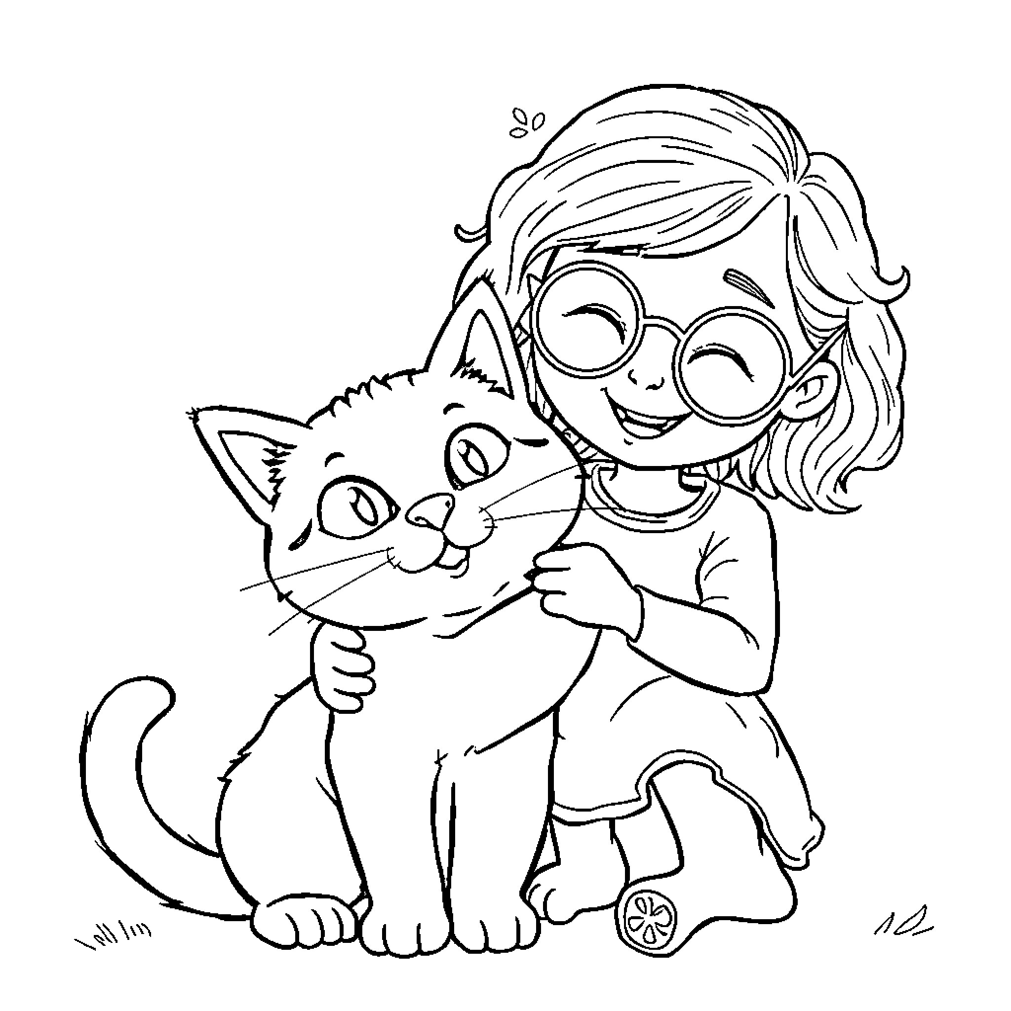 Cat and Girl Enjoying Each Other's Company Coloring Page (free black-and-white line drawing printable PDF for all, from beginners to advanced learners, including children, teens, adults, and seniors)