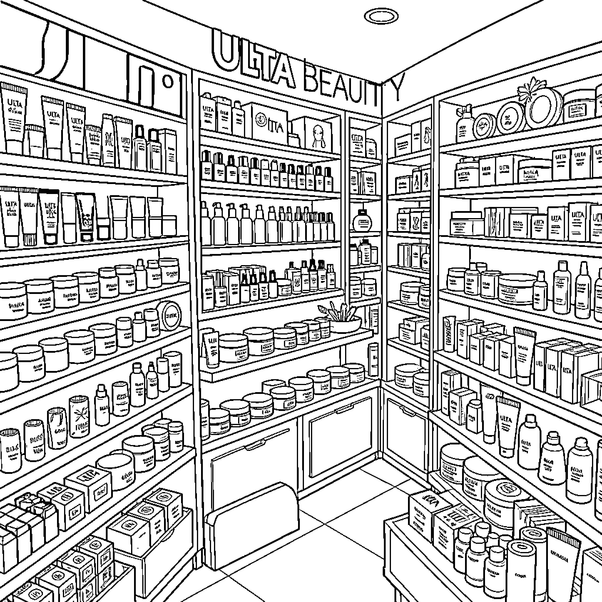 Ulta Beauty: Shelves of Beauty Products in a Retail Store Coloring Page (free black-and-white line drawing printable PDF for all, from beginners to advanced learners, including children, teens, adults, and seniors)