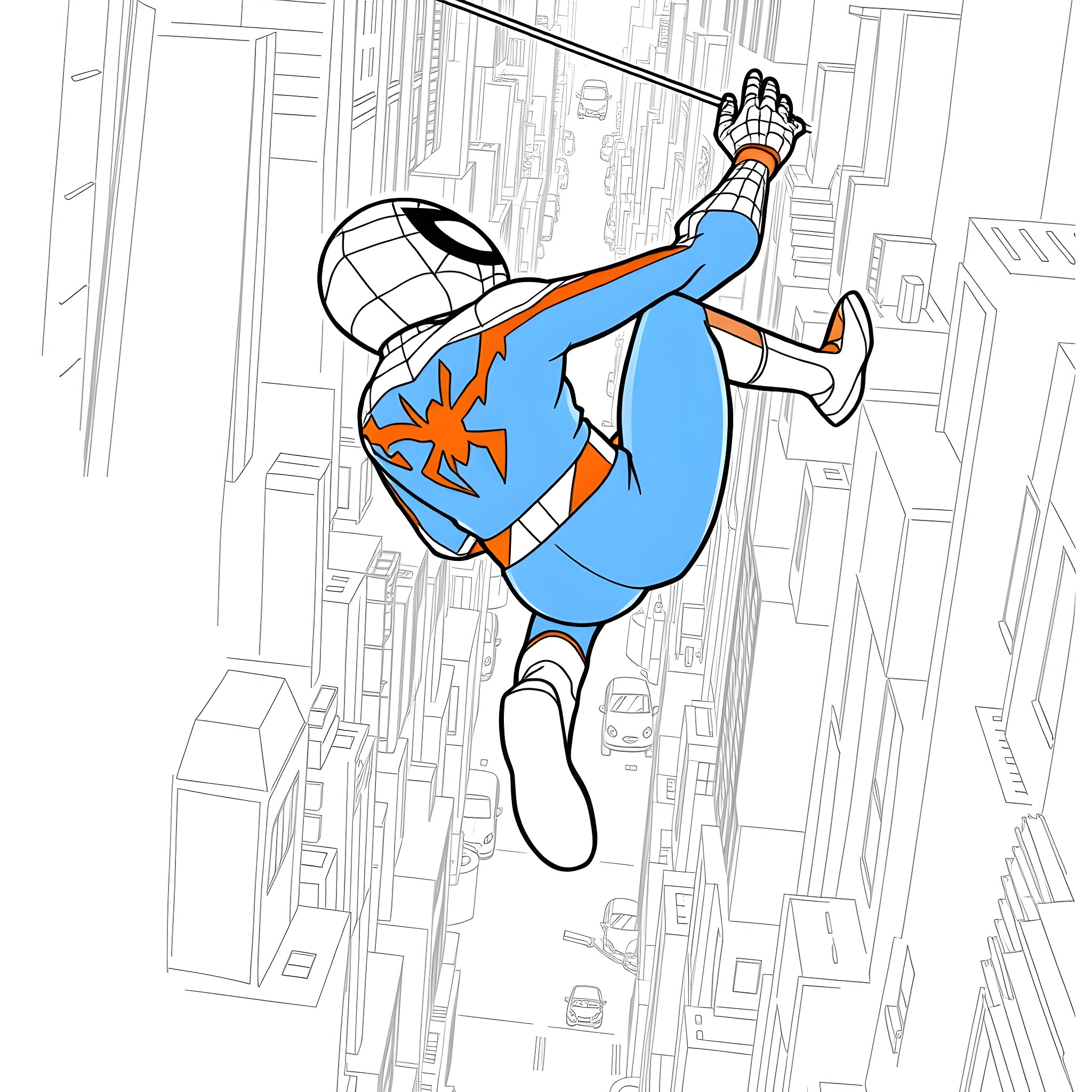 Blippi performing acrobatic stunts in the city Coloring Page (free black-and-white line drawing printable PDF for all, from beginners to advanced learners, including children, teens, adults, and seniors)