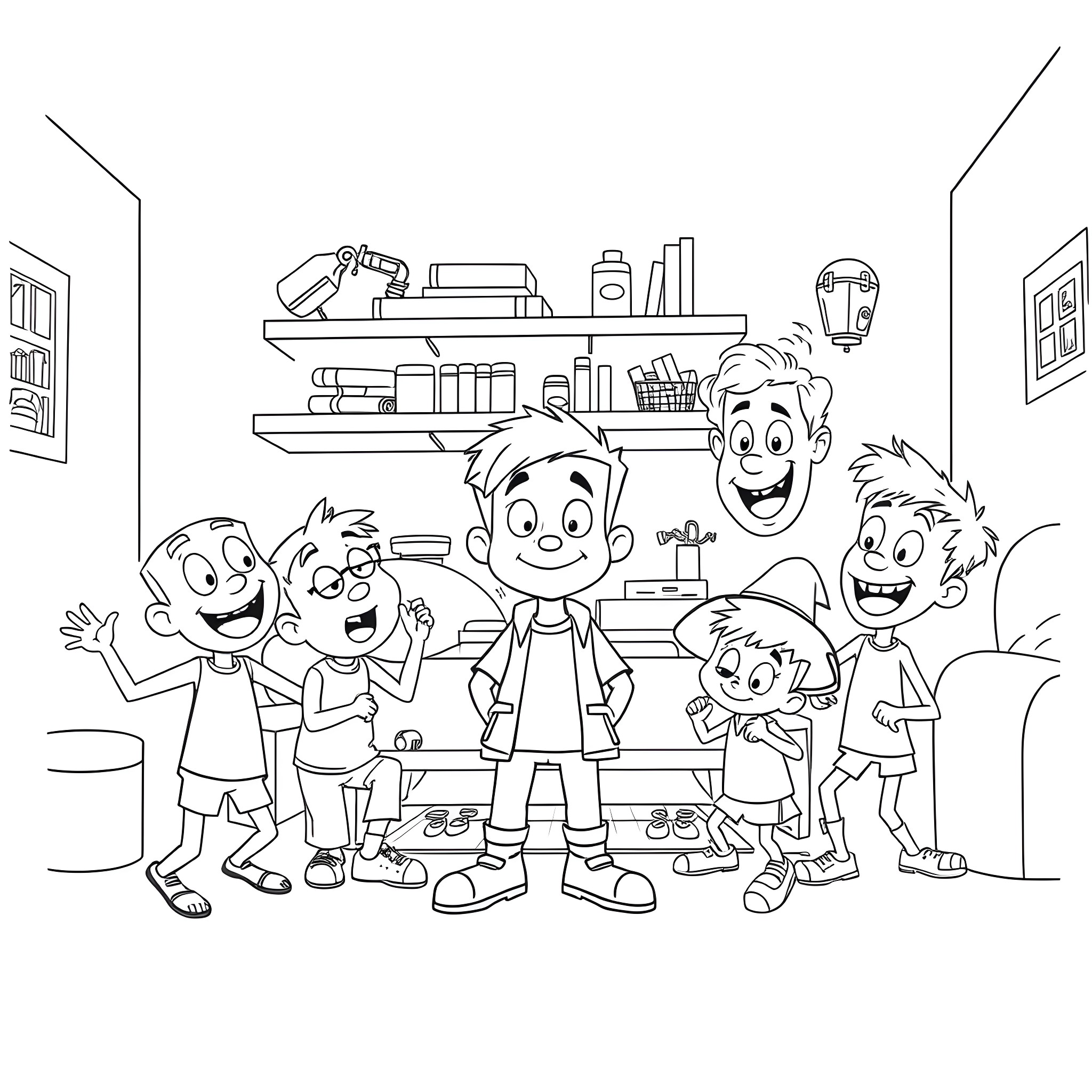 Malcolm's Lively Family Gathering in the Cozy Living Room Coloring Page (free black-and-white line drawing printable PDF for all, from beginners to advanced learners, including children, teens, adults, and seniors)