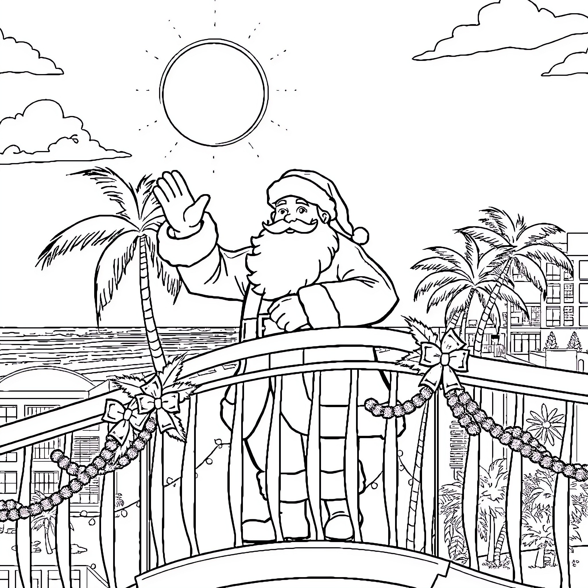 Santa Claus enjoying a tropical vacation Coloring Page (free black-and-white line drawing printable PDF for all, from beginners to advanced learners, including children, teens, adults, and seniors)