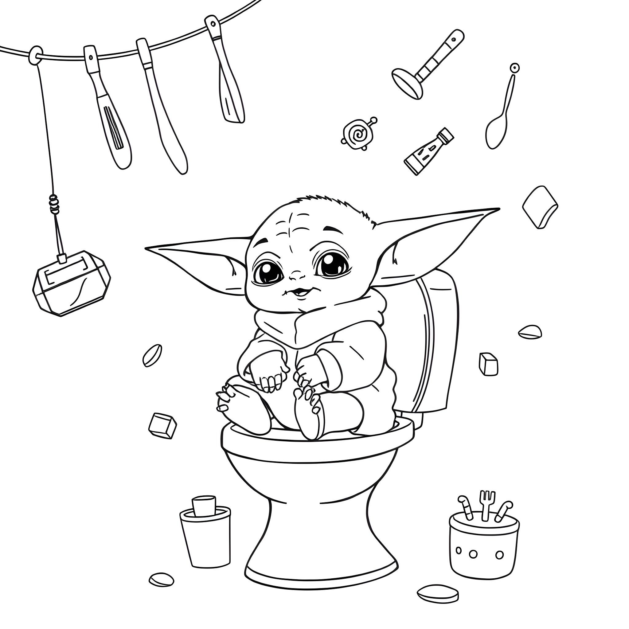 Yoda enjoying a relaxing break in the restroom Coloring Page (free black-and-white line drawing printable PDF for all, from beginners to advanced learners, including children, teens, adults, and seniors)