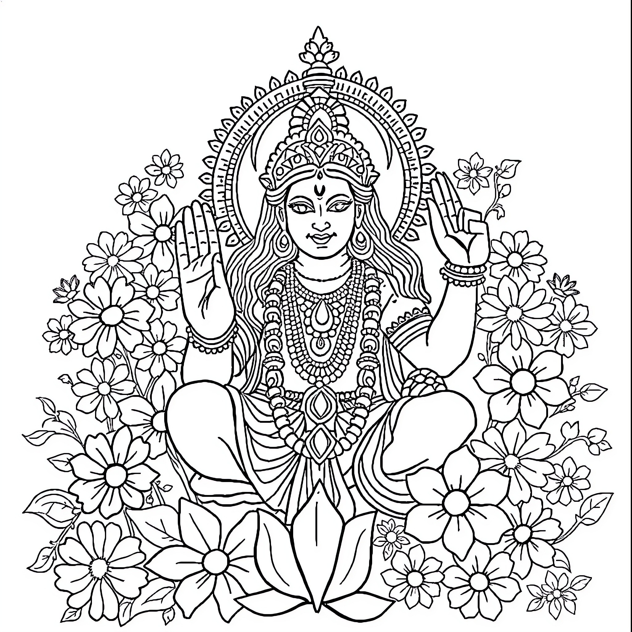 Hindu God sitting amidst ornate floral patterns Coloring Page (free black-and-white line drawing printable PDF for all, from beginners to advanced learners, including children, teens, adults, and seniors)