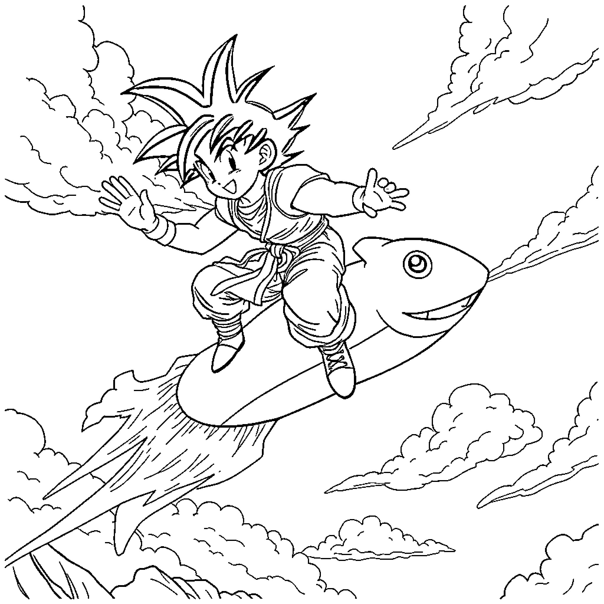 Dragon Soaring through the Clouds on a Rocket Fish Coloring Page (free black-and-white line drawing printable PDF for all, from beginners to advanced learners, including children, teens, adults, and seniors)