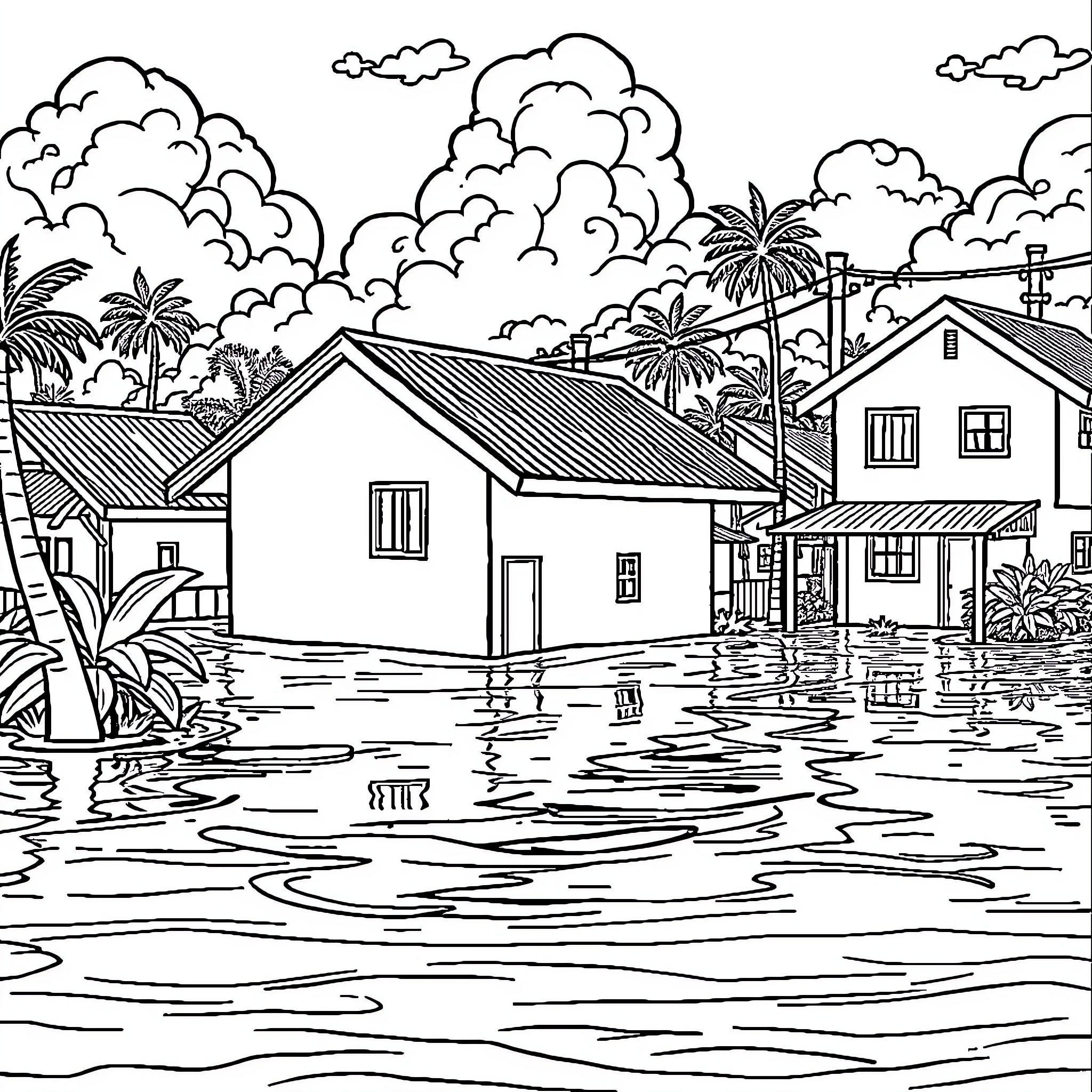 House with palm trees in a flooded neighborhood Coloring Page (free black-and-white line drawing printable PDF for all, from beginners to advanced learners, including children, teens, adults, and seniors)