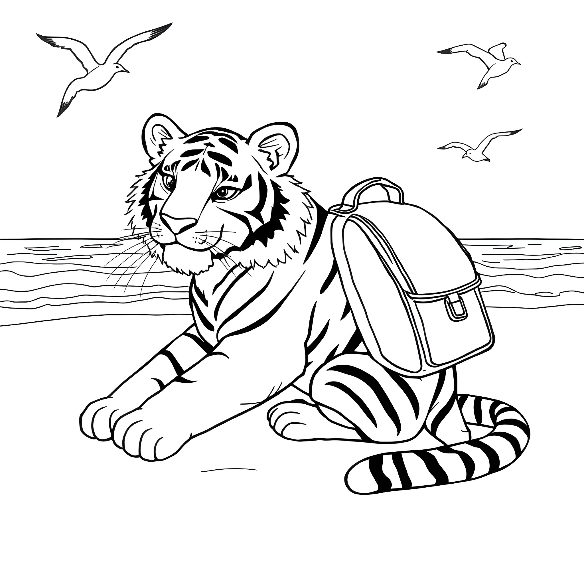 Tiger with backpack relaxing on the beach Coloring Page (free black-and-white line drawing printable PDF for all, from beginners to advanced learners, including children, teens, adults, and seniors)