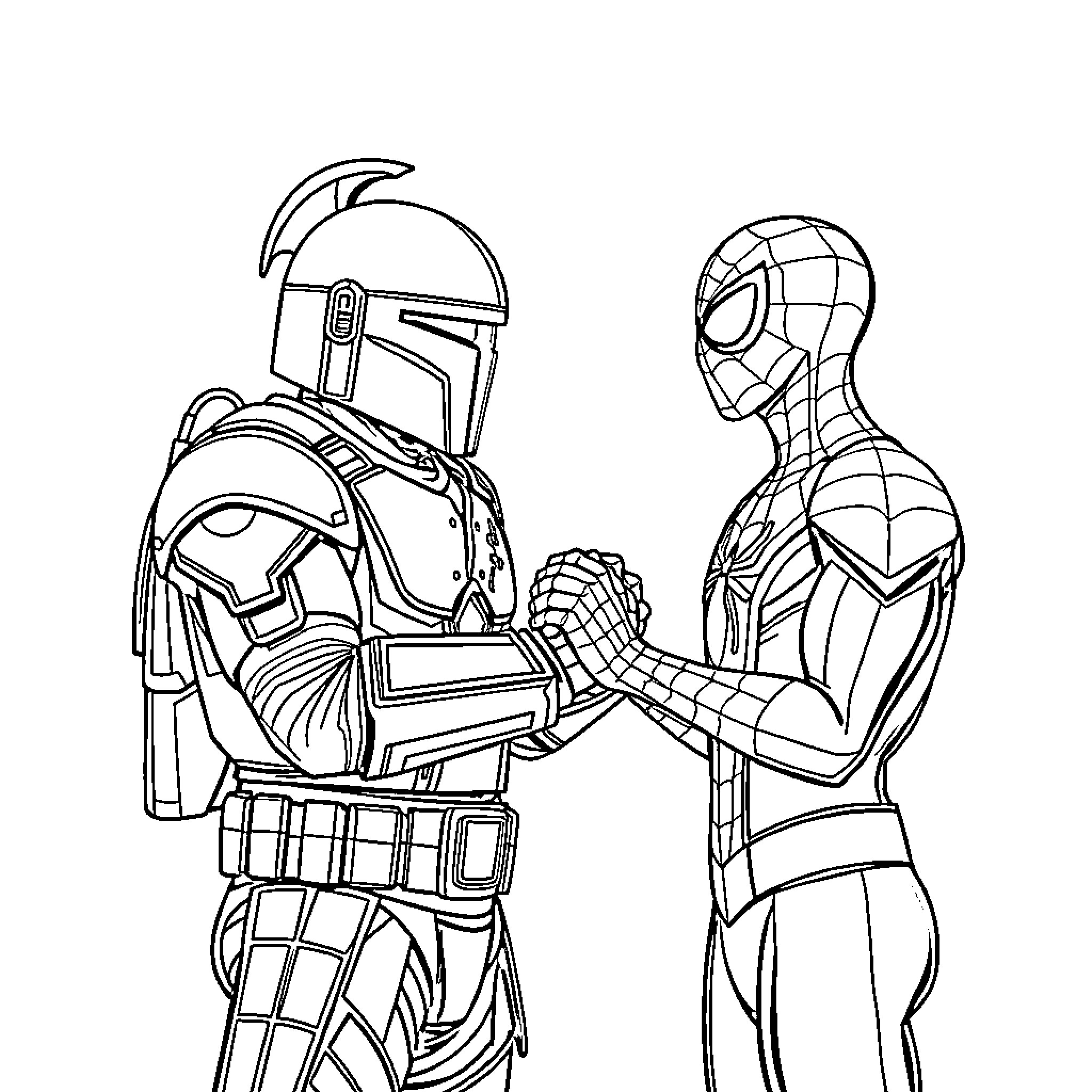 Spartan warrior and masked hero in epic encounter Coloring Page (free black-and-white line drawing printable PDF for all, from beginners to advanced learners, including children, teens, adults, and seniors)
