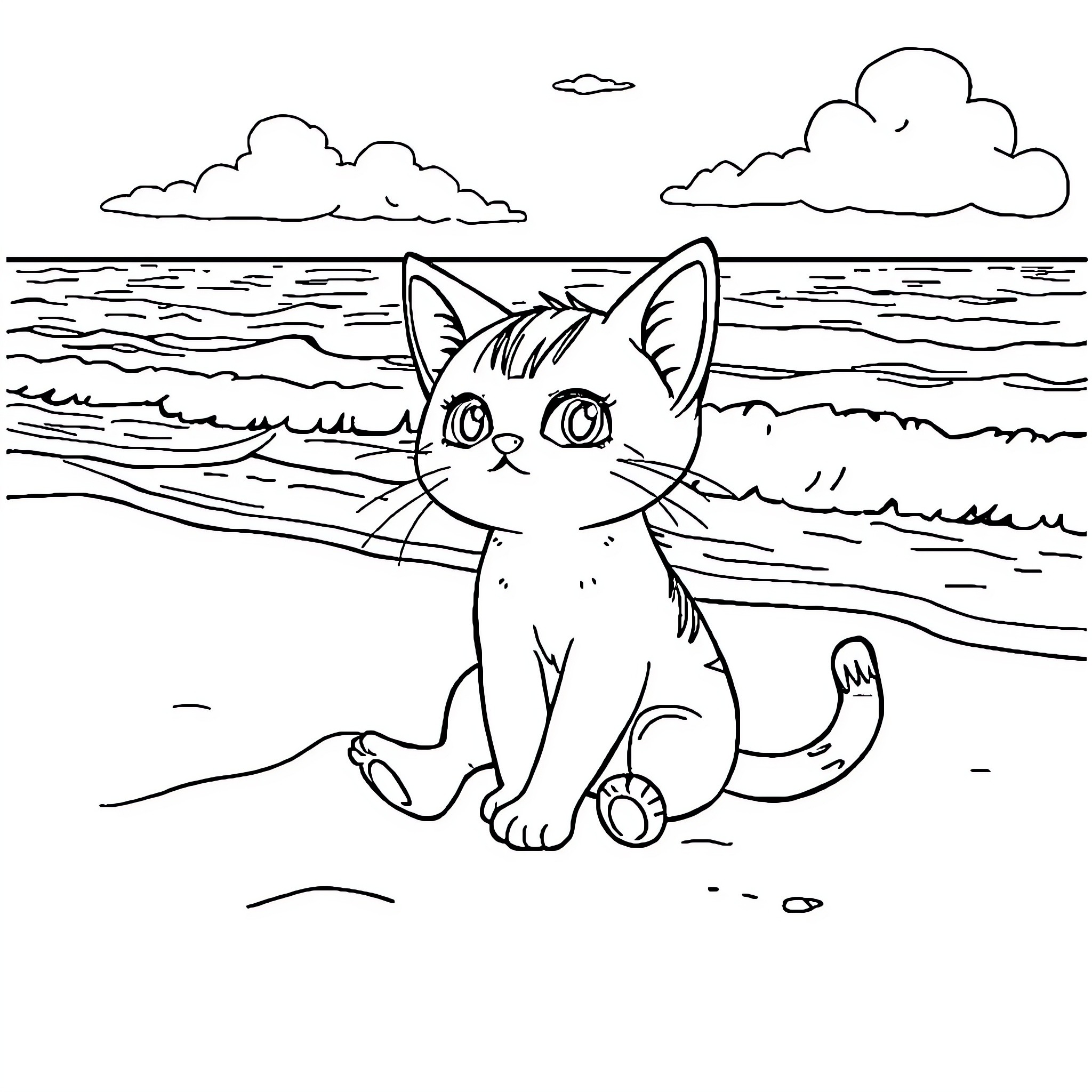 Gabychat's Seaside Adventure Coloring Page (free black-and-white line drawing printable PDF for all, from beginners to advanced learners, including children, teens, adults, and seniors)