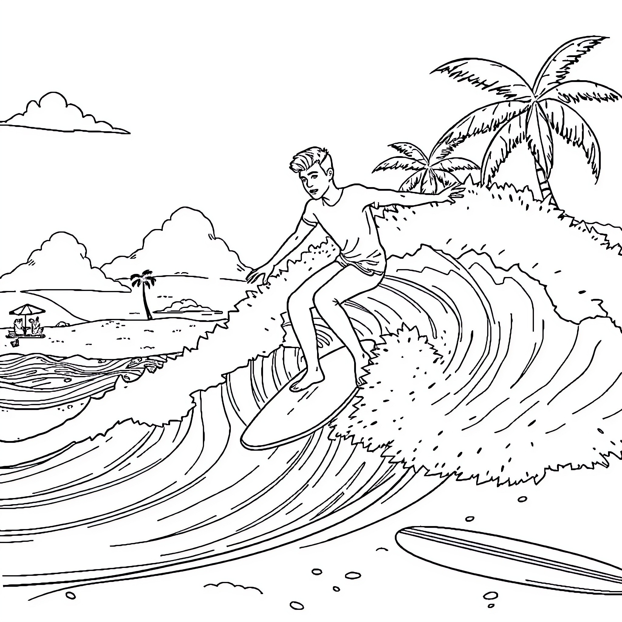 Justin Bieber surfing on a tropical beach Coloring Page (free black-and-white line drawing printable PDF for all, from beginners to advanced learners, including children, teens, adults, and seniors)