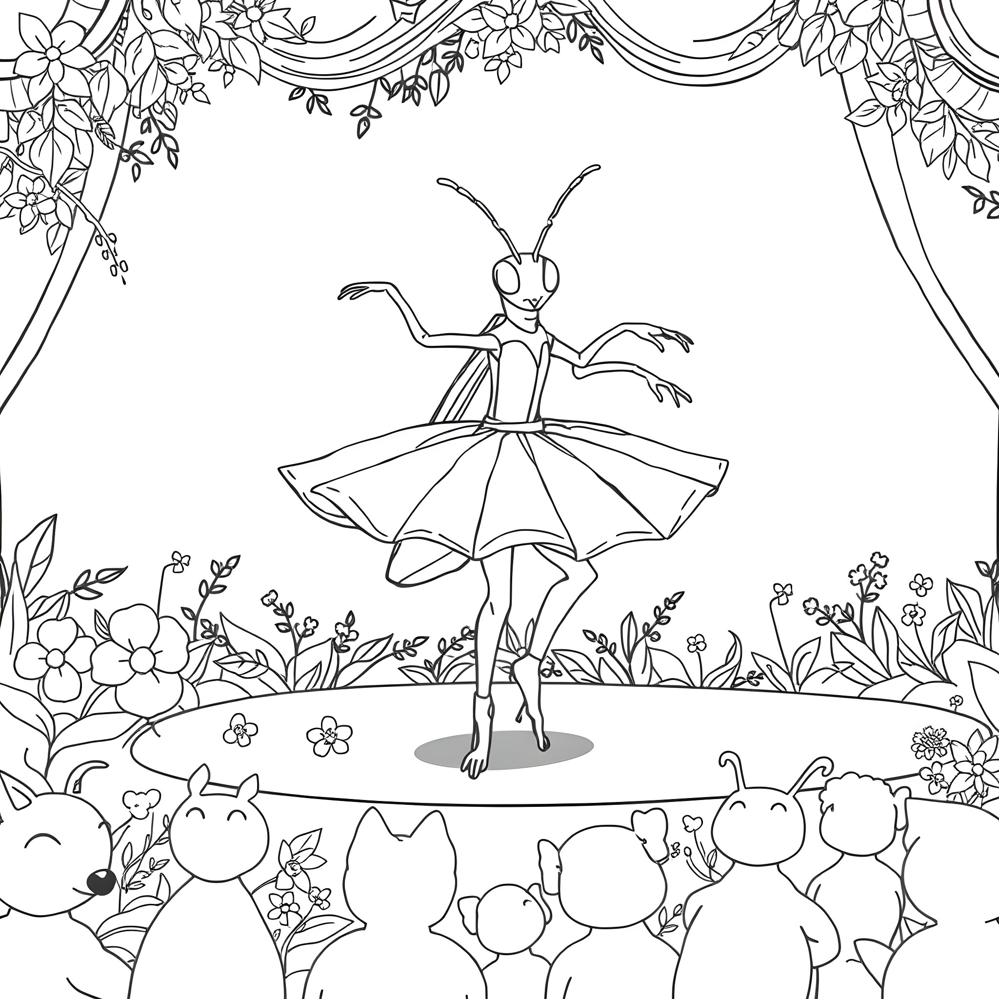 Hopper Performing for Curious Insects Coloring Page (free black-and-white line drawing printable PDF for all, from beginners to advanced learners, including children, teens, adults, and seniors)