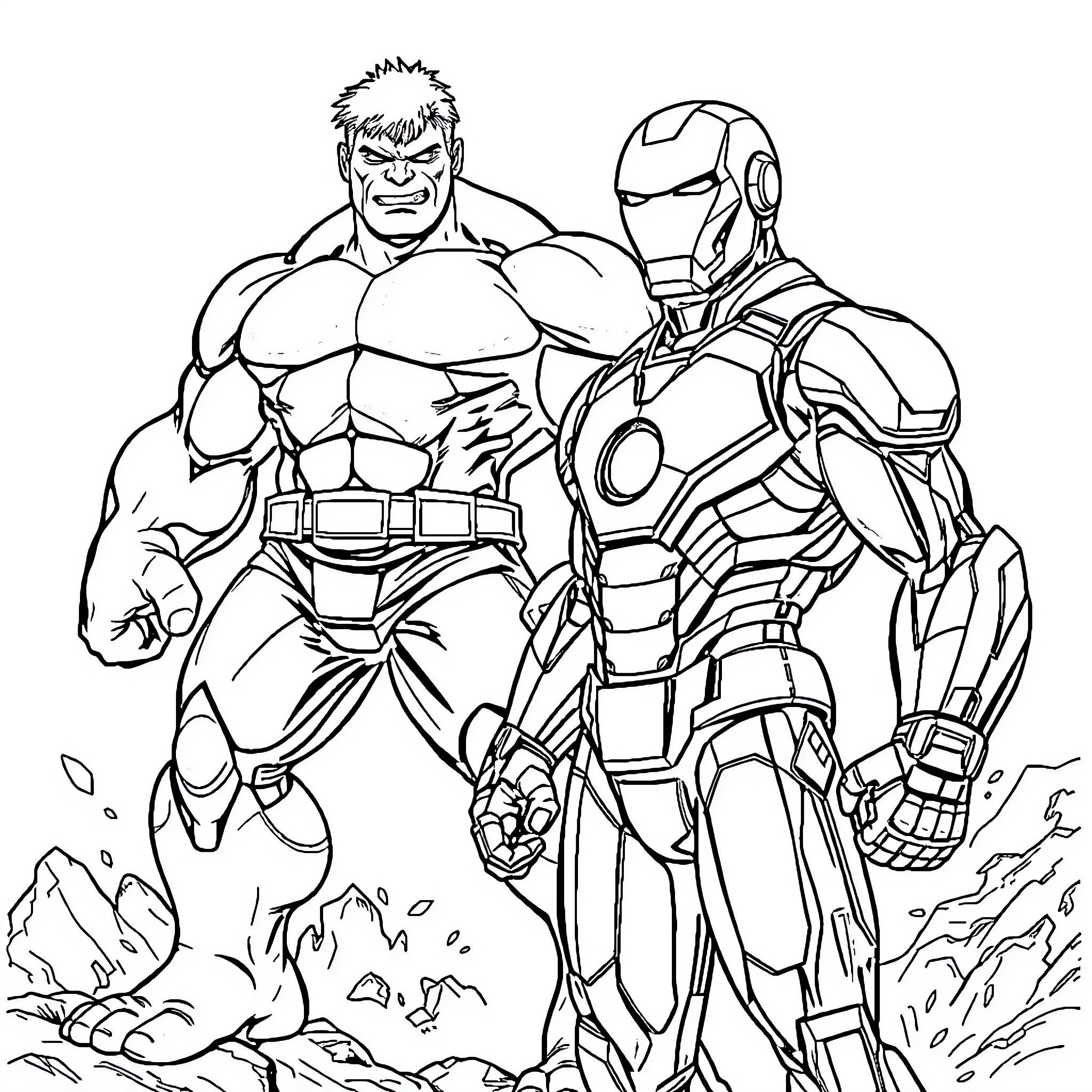 Hulk and Iron Man Battle Fierce Foes Coloring Page (free black-and-white line drawing printable PDF for all, from beginners to advanced learners, including children, teens, adults, and seniors)
