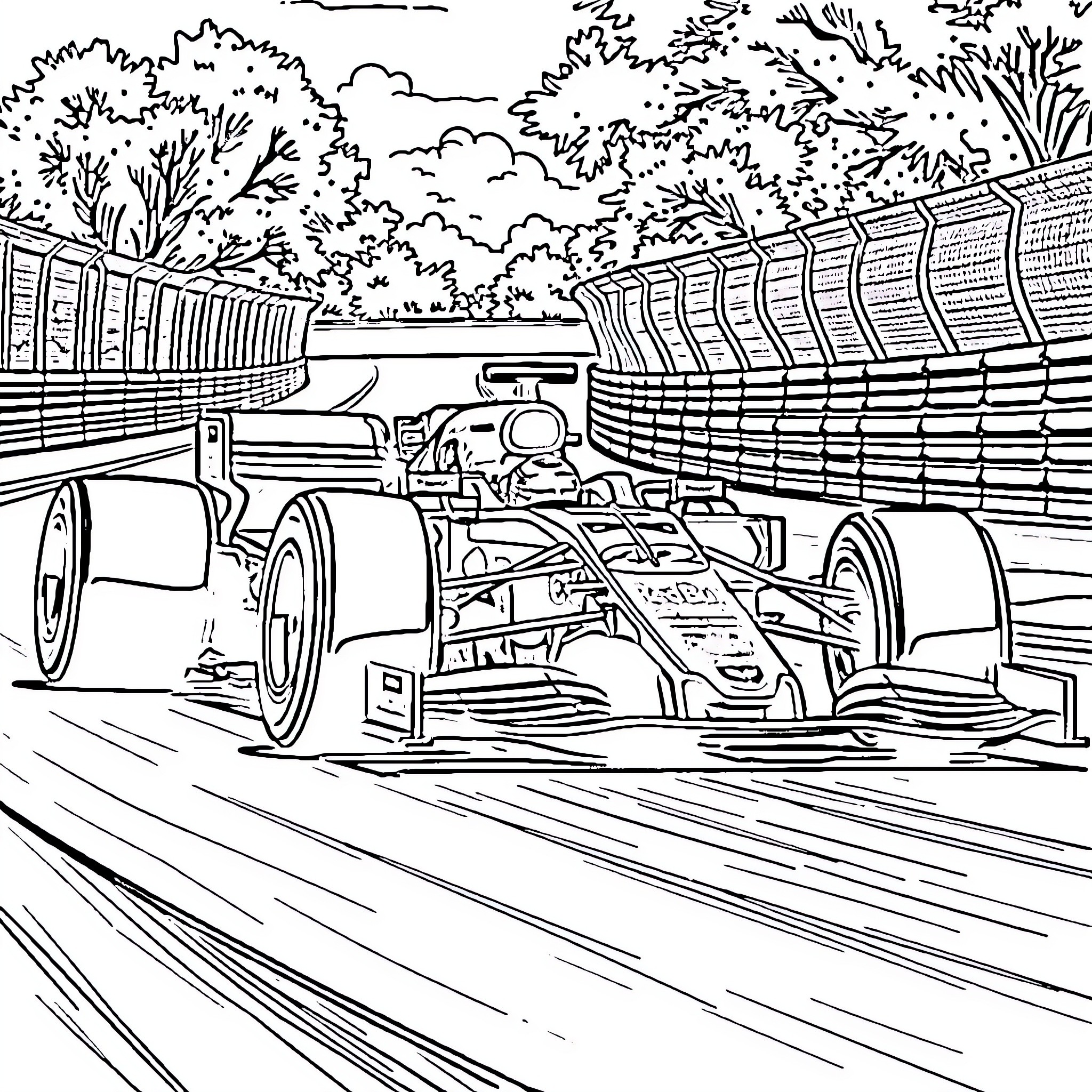 Formula 1 Car racing on track with trees Coloring Page (free black-and-white line drawing printable PDF for all, from beginners to advanced learners, including children, teens, adults, and seniors)