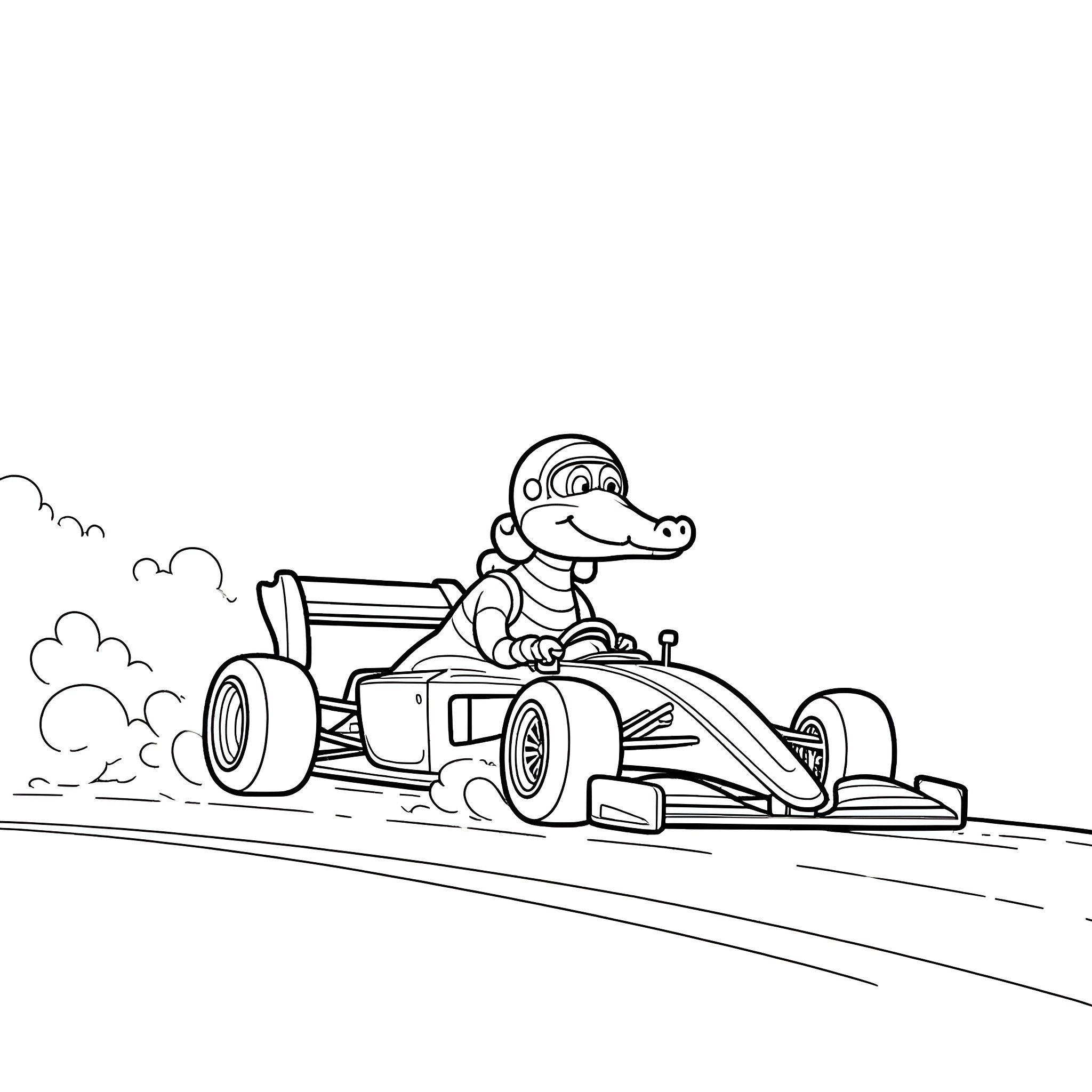Crocodile driving a speeding race car Coloring Page (free black-and-white line drawing printable PDF for all, from beginners to advanced learners, including children, teens, adults, and seniors)