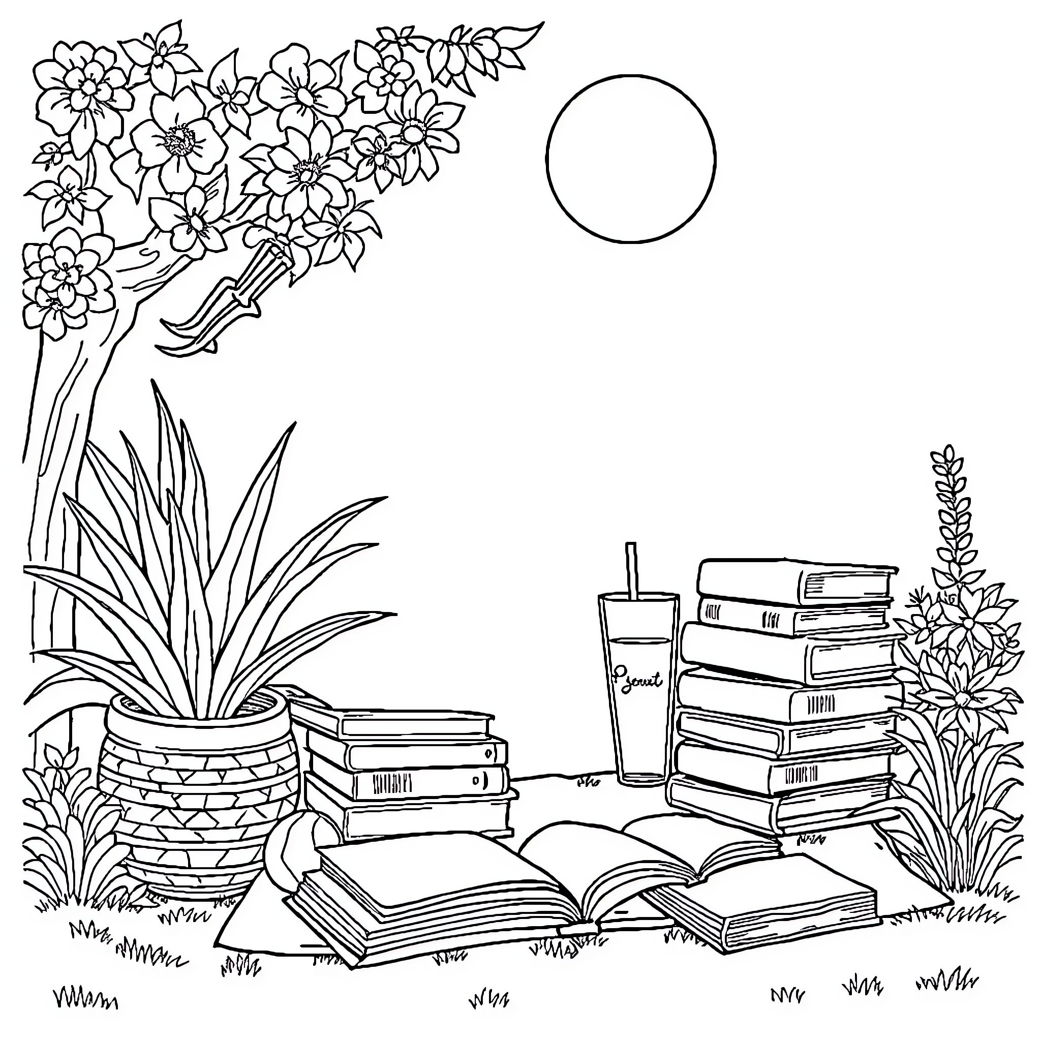 Reading in the Garden with Flowers and Books Coloring Page (free black-and-white line drawing printable PDF for all, from beginners to advanced learners, including children, teens, adults, and seniors)