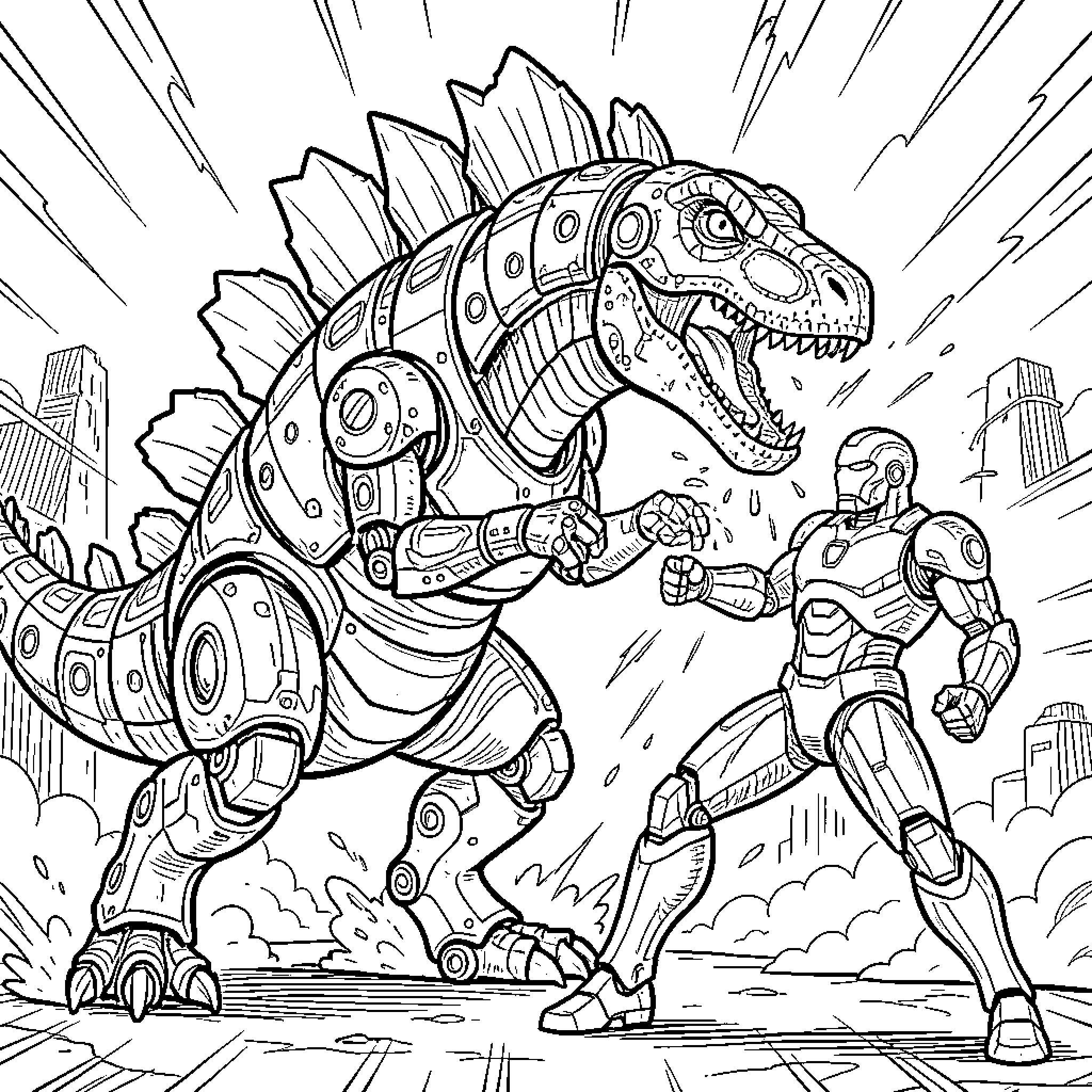 Spinosaurus vs. Mech Warrior in the City Coloring Page (free black-and-white line drawing printable PDF for all, from beginners to advanced learners, including children, teens, adults, and seniors)