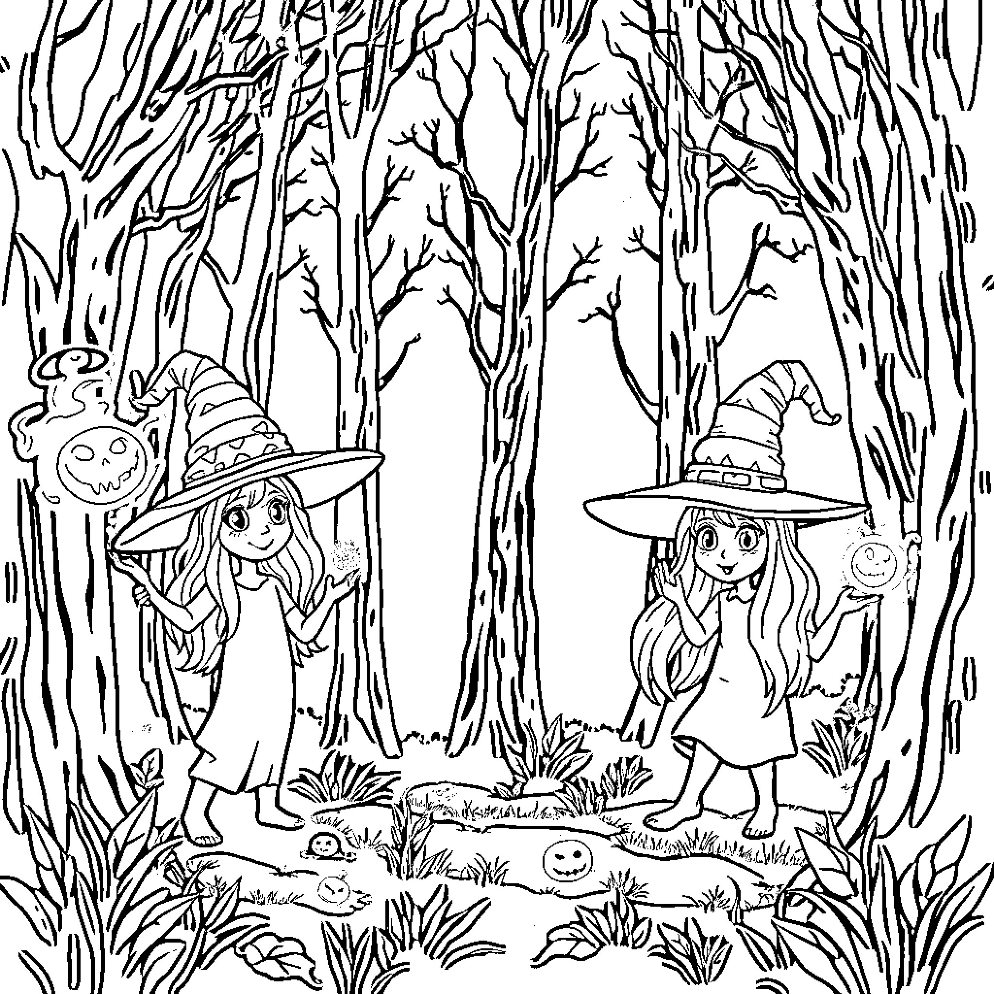 Witch Sisters Exploring the Enchanted Forest Coloring Page (free black-and-white line drawing printable PDF for all, from beginners to advanced learners, including children, teens, adults, and seniors)