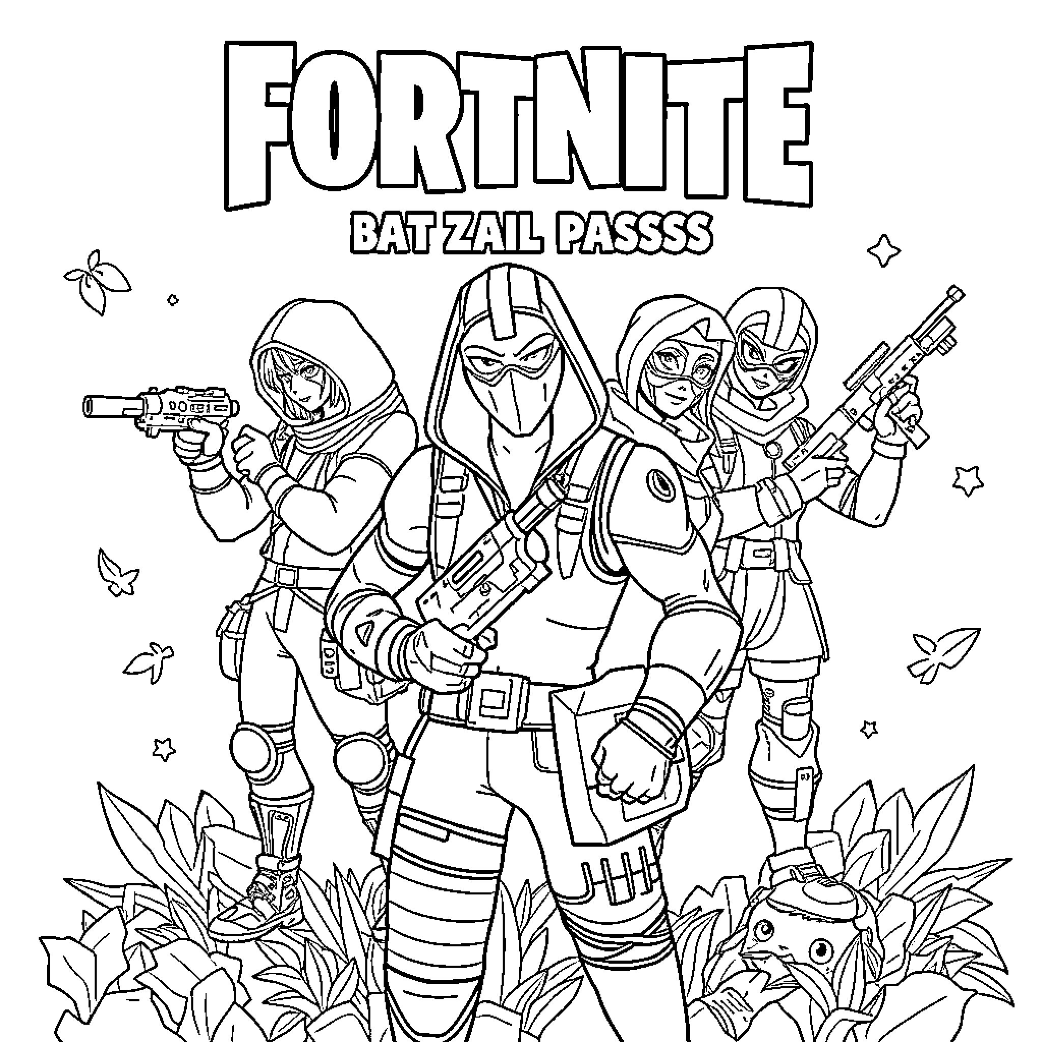 Fortnite characters in battle gear and action poses Coloring Page (free black-and-white line drawing printable PDF for all, from beginners to advanced learners, including children, teens, adults, and seniors)