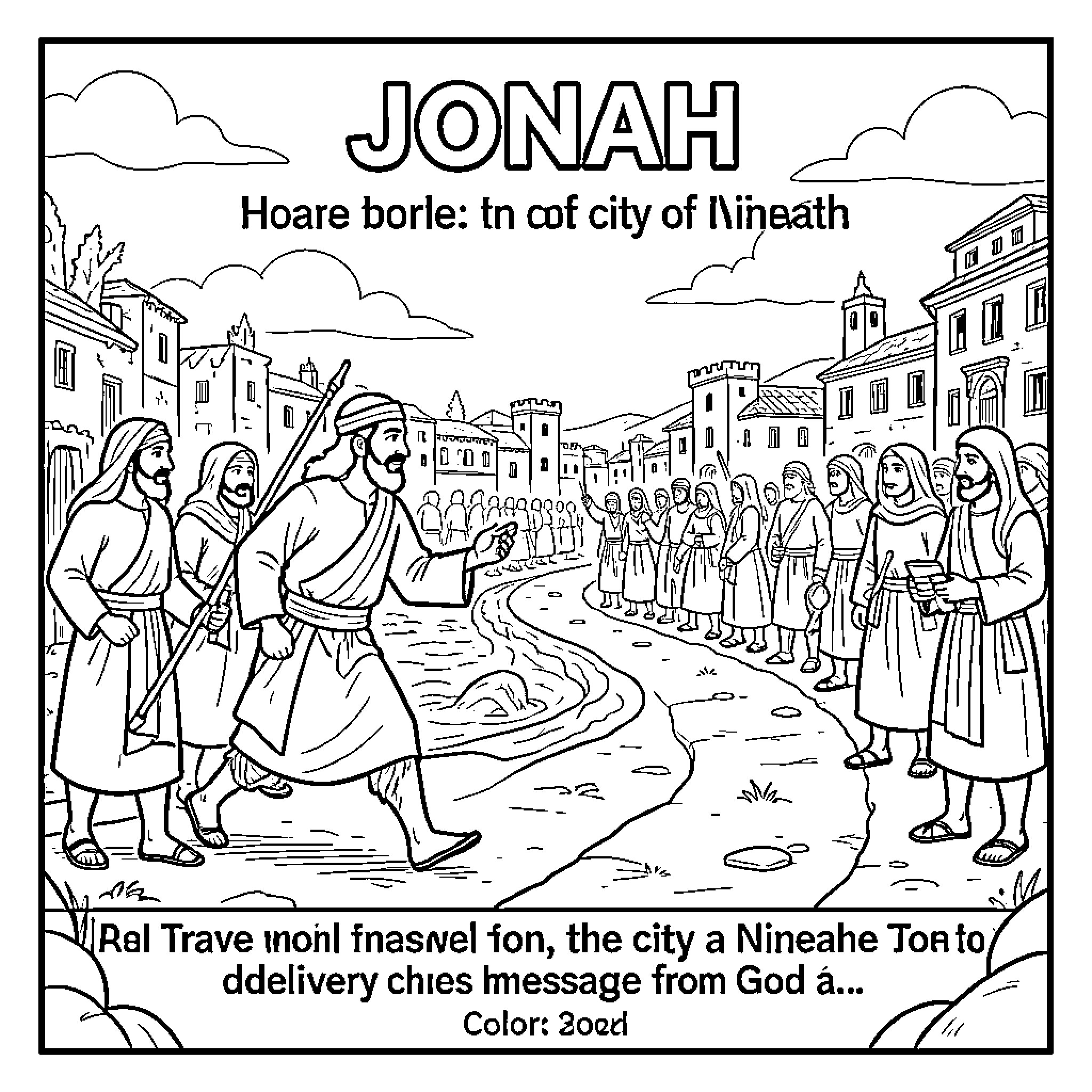 Jonah preaching a message to the people of Nineveh Coloring Page (free black-and-white line drawing printable PDF for all, from beginners to advanced learners, including children, teens, adults, and seniors)