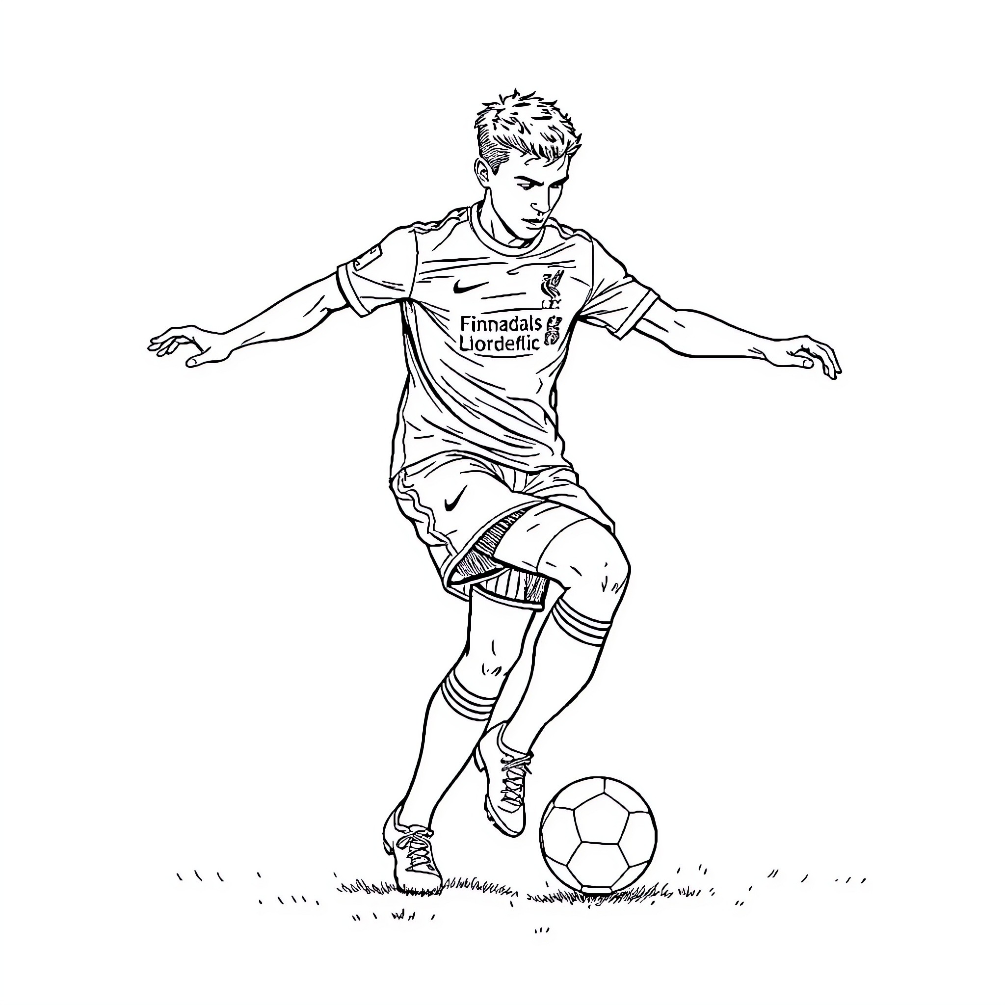 Football Player in Action Dribbling a Ball Coloring Page (free black-and-white line drawing printable PDF for all, from beginners to advanced learners, including children, teens, adults, and seniors)
