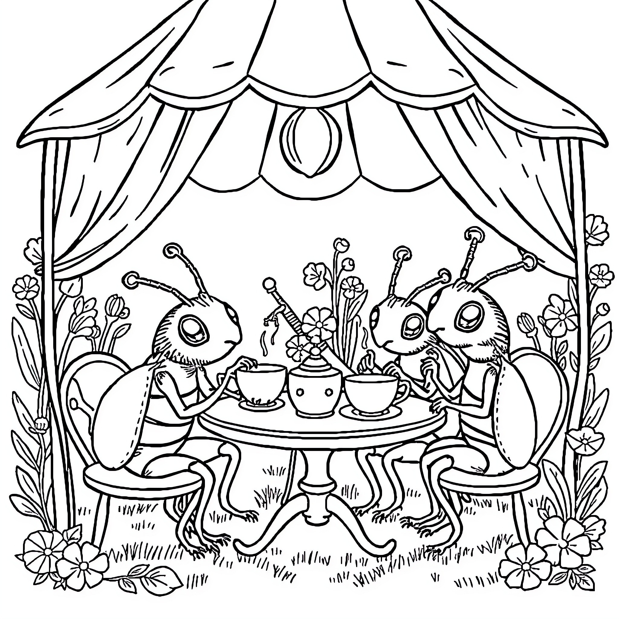 Weevil's Whimsical Tea Party Coloring Page (free black-and-white line drawing printable PDF for all, from beginners to advanced learners, including children, teens, adults, and seniors)