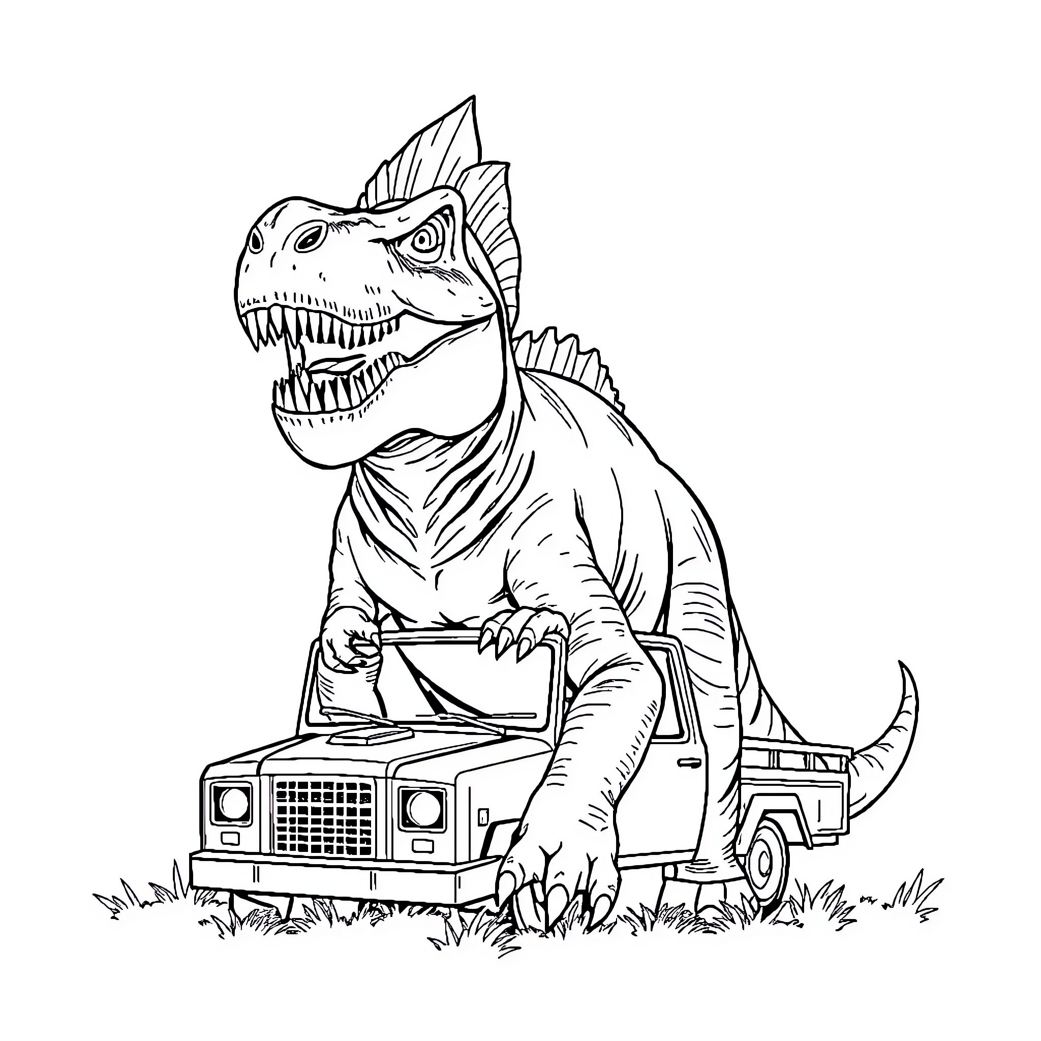 Tyrannosaurus driving a toy jeep in nature Coloring Page (free black-and-white line drawing printable PDF for all, from beginners to advanced learners, including children, teens, adults, and seniors)
