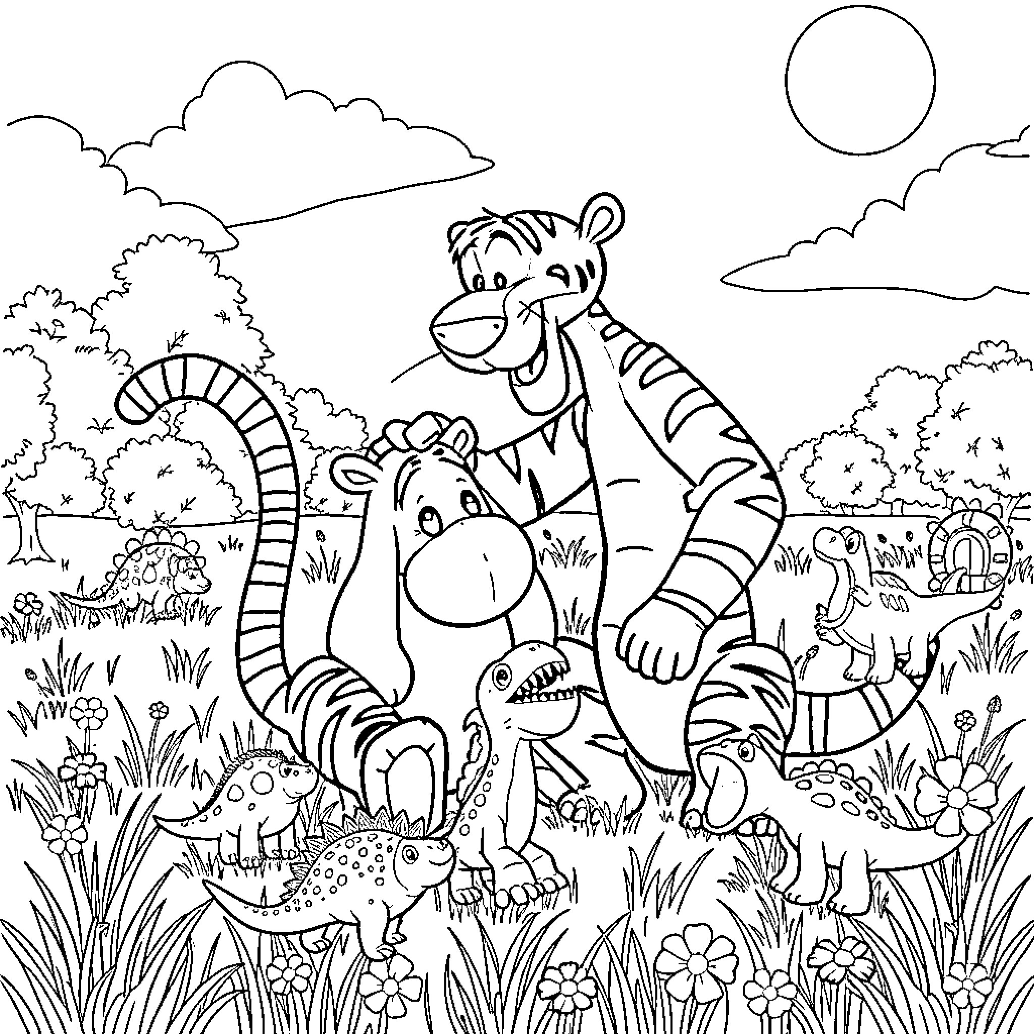 Tigger and friends playing in the lush jungle scene Coloring Page (free black-and-white line drawing printable PDF for all, from beginners to advanced learners, including children, teens, adults, and seniors)