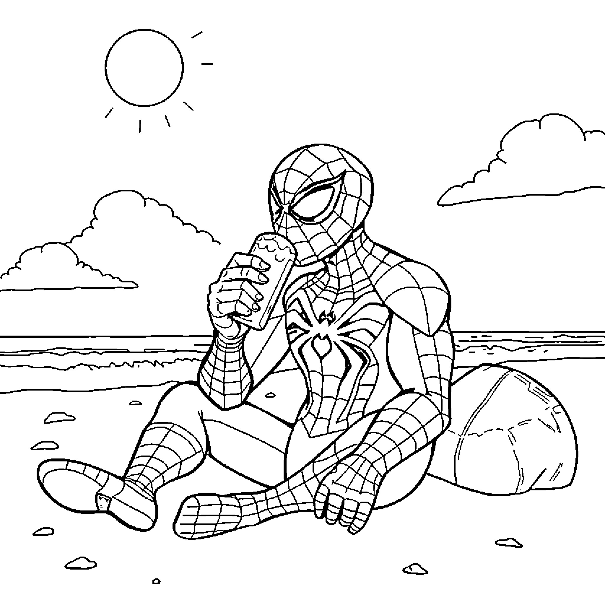 Spiderman relaxing on the beach Coloring Page (free black-and-white line drawing printable PDF for all, from beginners to advanced learners, including children, teens, adults, and seniors)