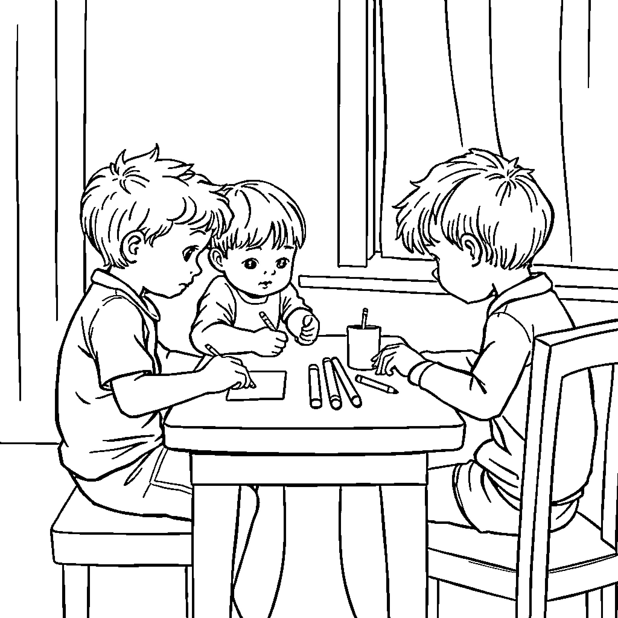 Children coloring together at a table Coloring Page (free black-and-white line drawing printable PDF for all, from beginners to advanced learners, including children, teens, adults, and seniors)