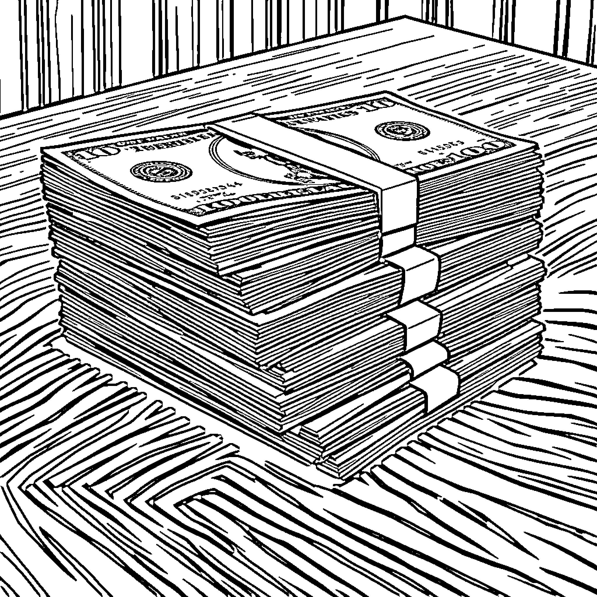 Dollar Bill stacks on a wooden table Coloring Page (free black-and-white line drawing printable PDF for all, from beginners to advanced learners, including children, teens, adults, and seniors)