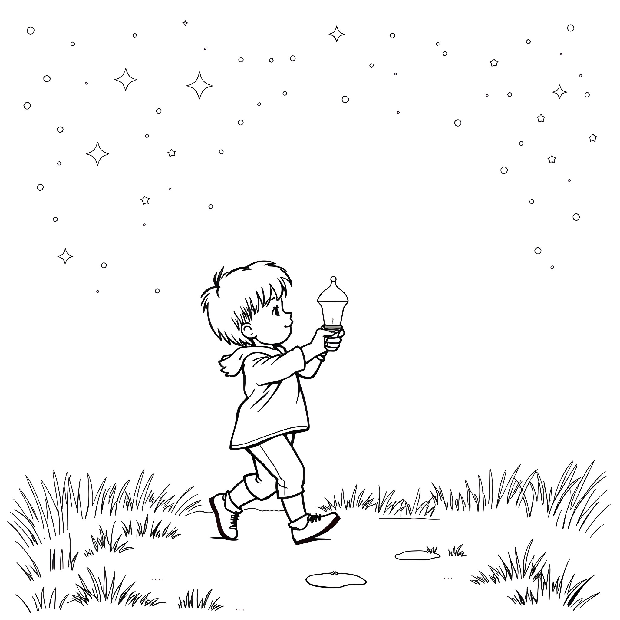 Child exploring the starry night with a lantern Coloring Page (free black-and-white line drawing printable PDF for all, from beginners to advanced learners, including children, teens, adults, and seniors)