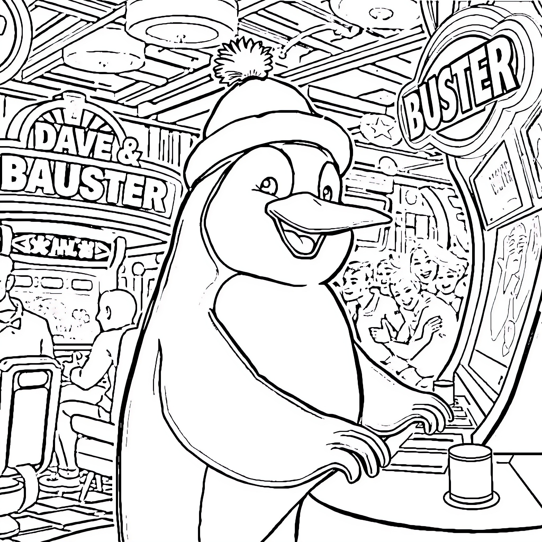 Penguin Enjoying a Fun-Filled Arcade Adventure Coloring Page (free black-and-white line drawing printable PDF for all, from beginners to advanced learners, including children, teens, adults, and seniors)