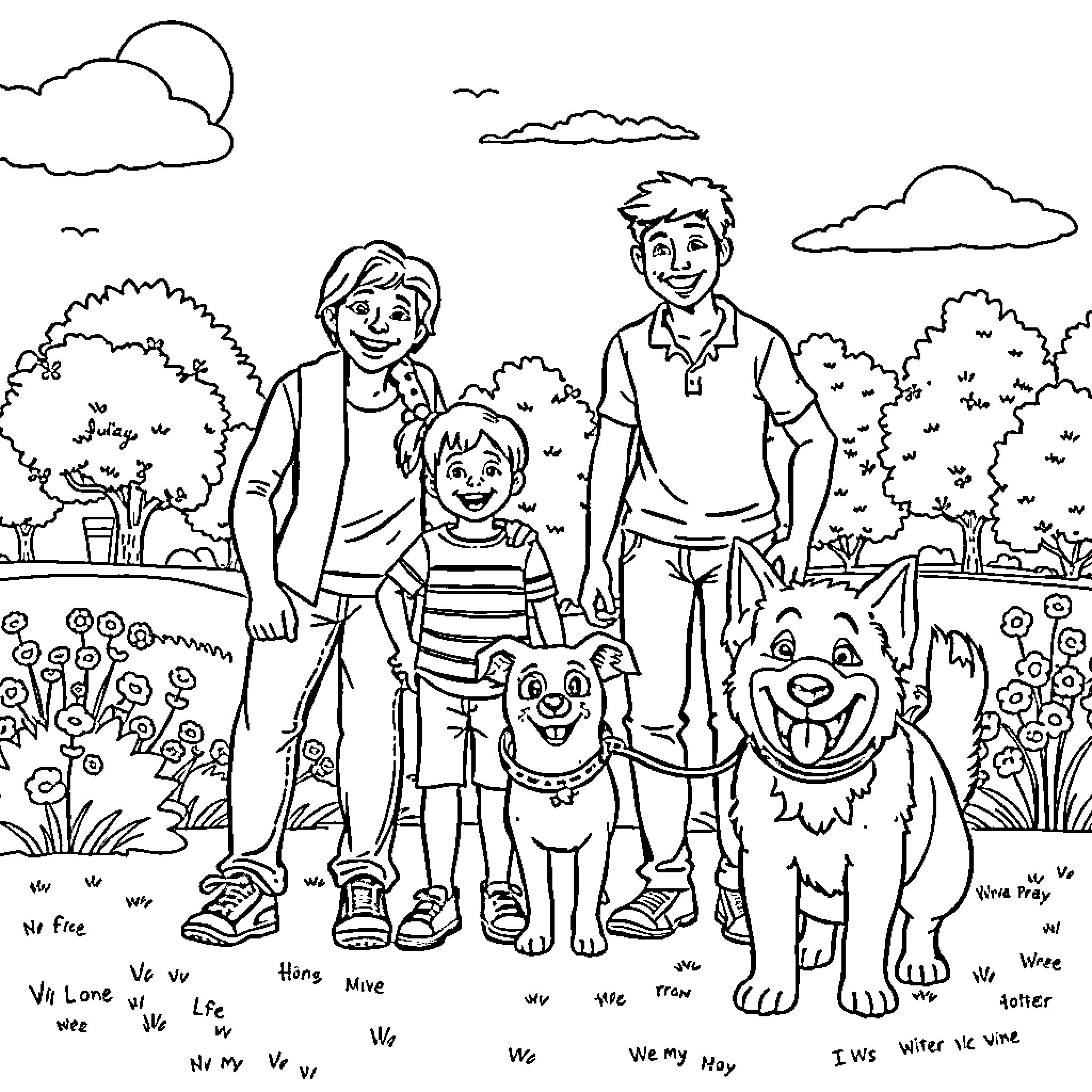 Family enjoying outdoor time together Coloring Page (free black-and-white line drawing printable PDF for all, from beginners to advanced learners, including children, teens, adults, and seniors)