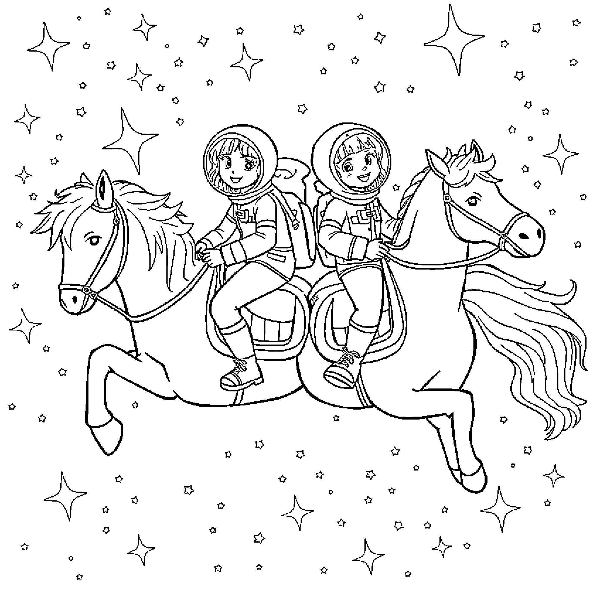 Girls on Space Horses Coloring Page (free black-and-white line drawing printable PDF for all, from beginners to advanced learners, including children, teens, adults, and seniors)