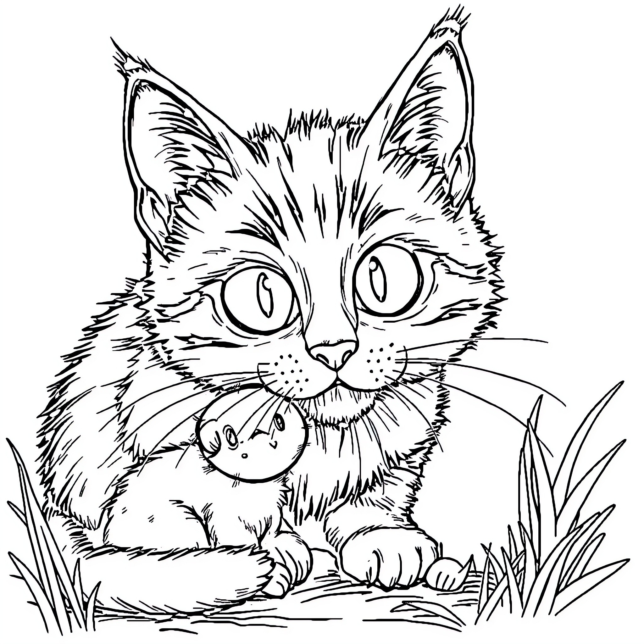Cat peeking curiously from the bushes Coloring Page (free black-and-white line drawing printable PDF for all, from beginners to advanced learners, including children, teens, adults, and seniors)