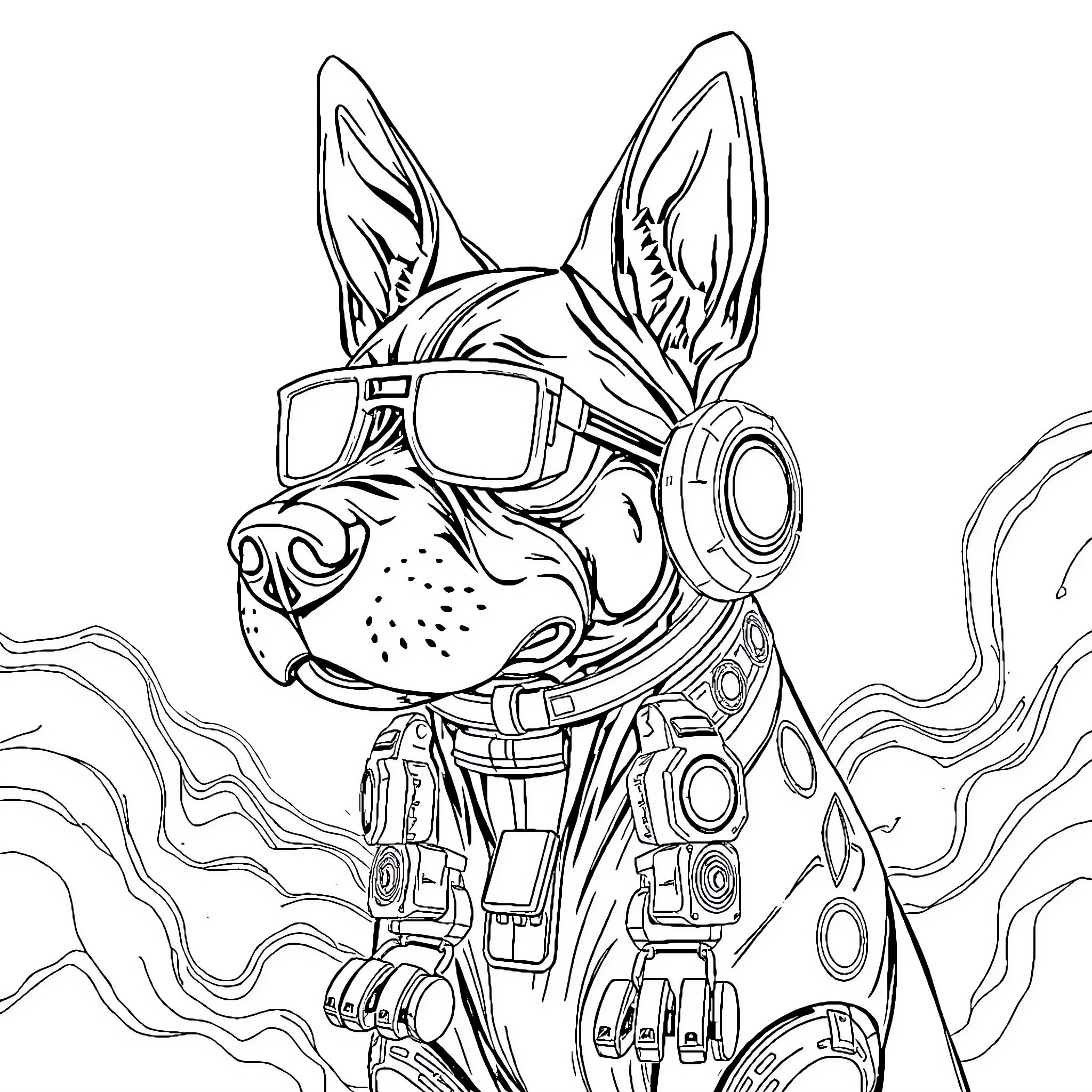 Dog wearing cool tech gadgets and gear Coloring Page (free black-and-white line drawing printable PDF for all, from beginners to advanced learners, including children, teens, adults, and seniors)