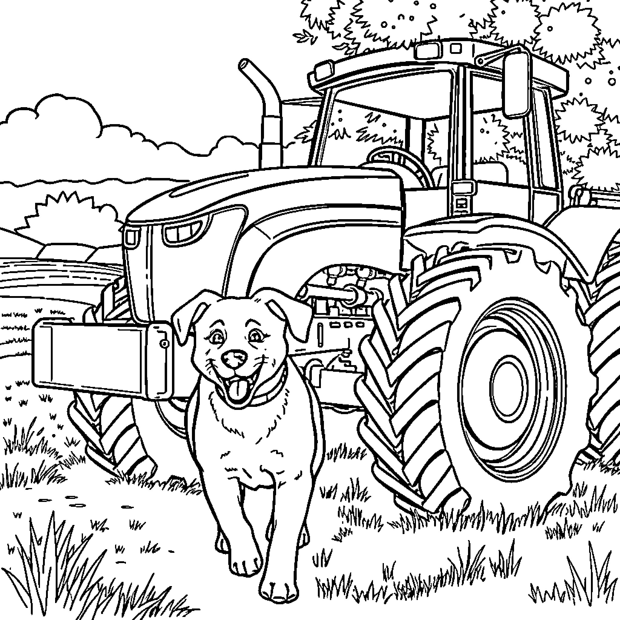 Dog exploring farm tractor in the countryside Coloring Page (free black-and-white line drawing printable PDF for all, from beginners to advanced learners, including children, teens, adults, and seniors)